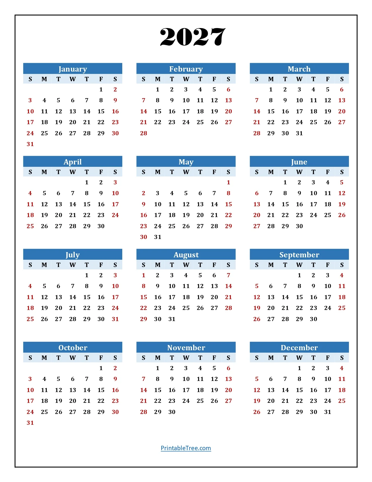 2027 Yearly Calendar Printable
