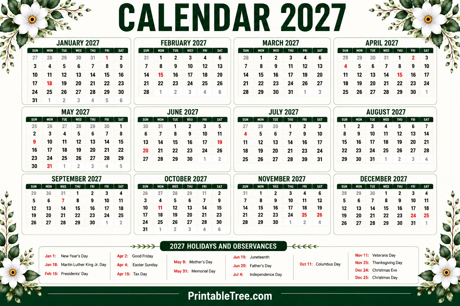 2027 Yearly Calendar Printable