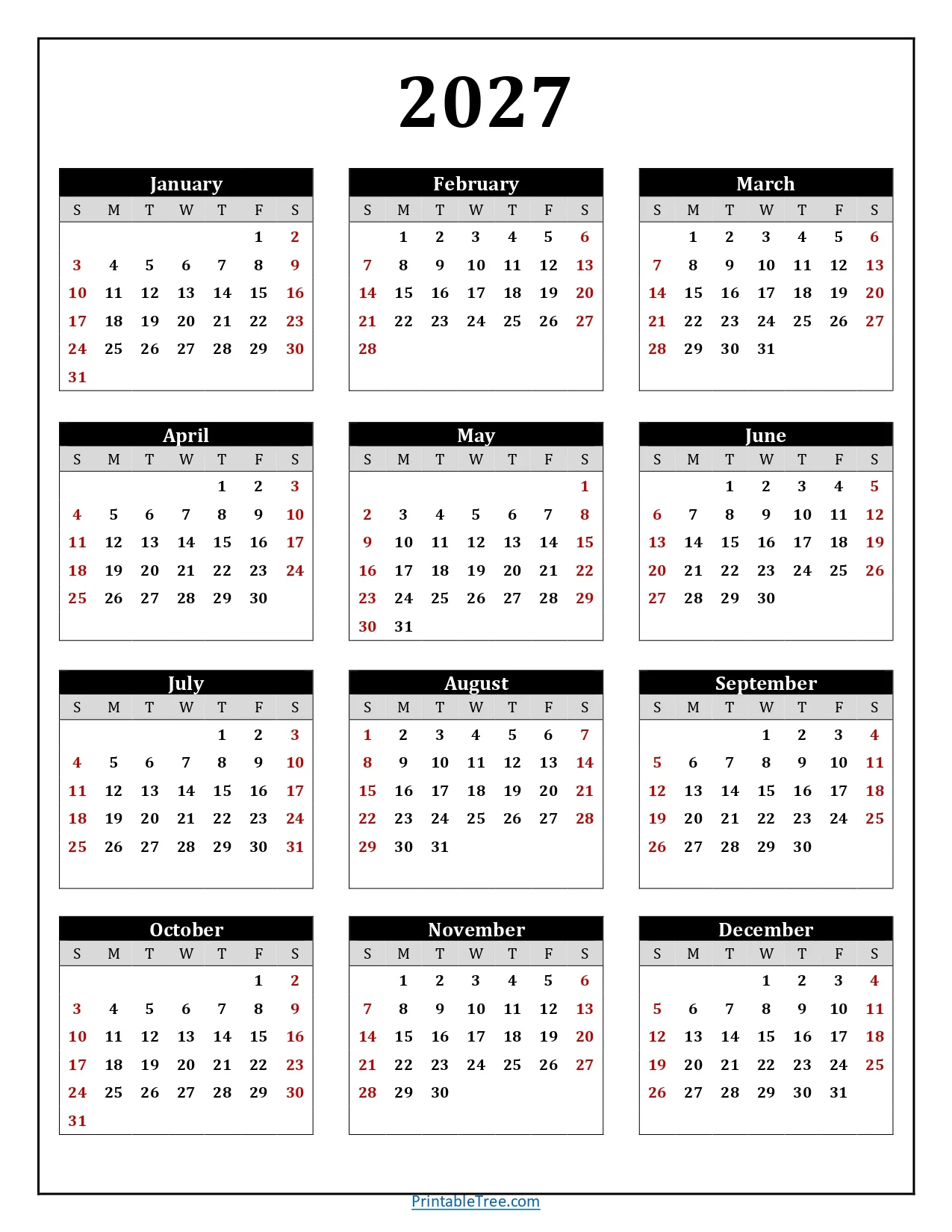 2027 Yearly Calendar Printable