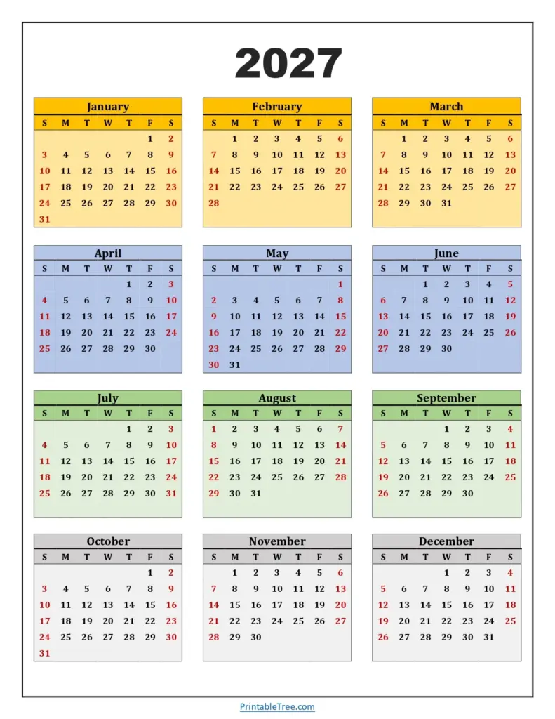 2027 Yearly Calendar Printable