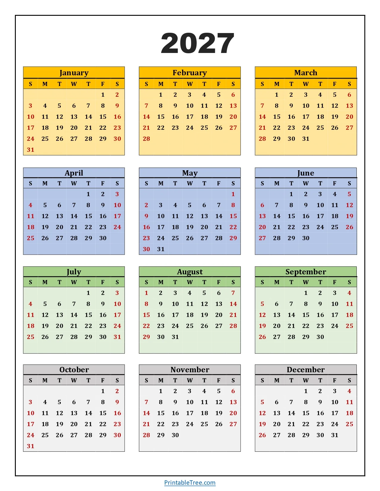 2027 Yearly Calendar Printable