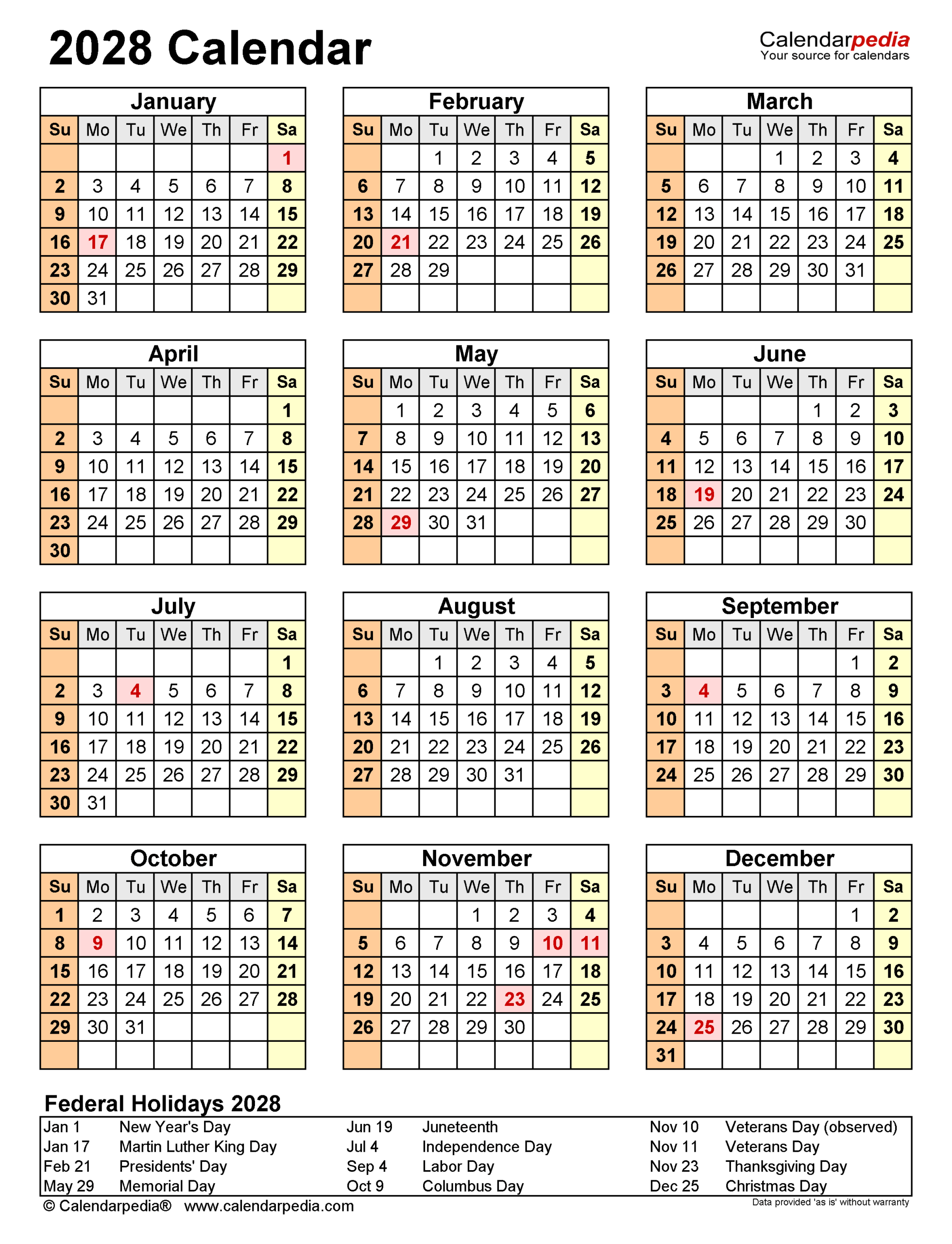 2028 Calendar Pdf Templates