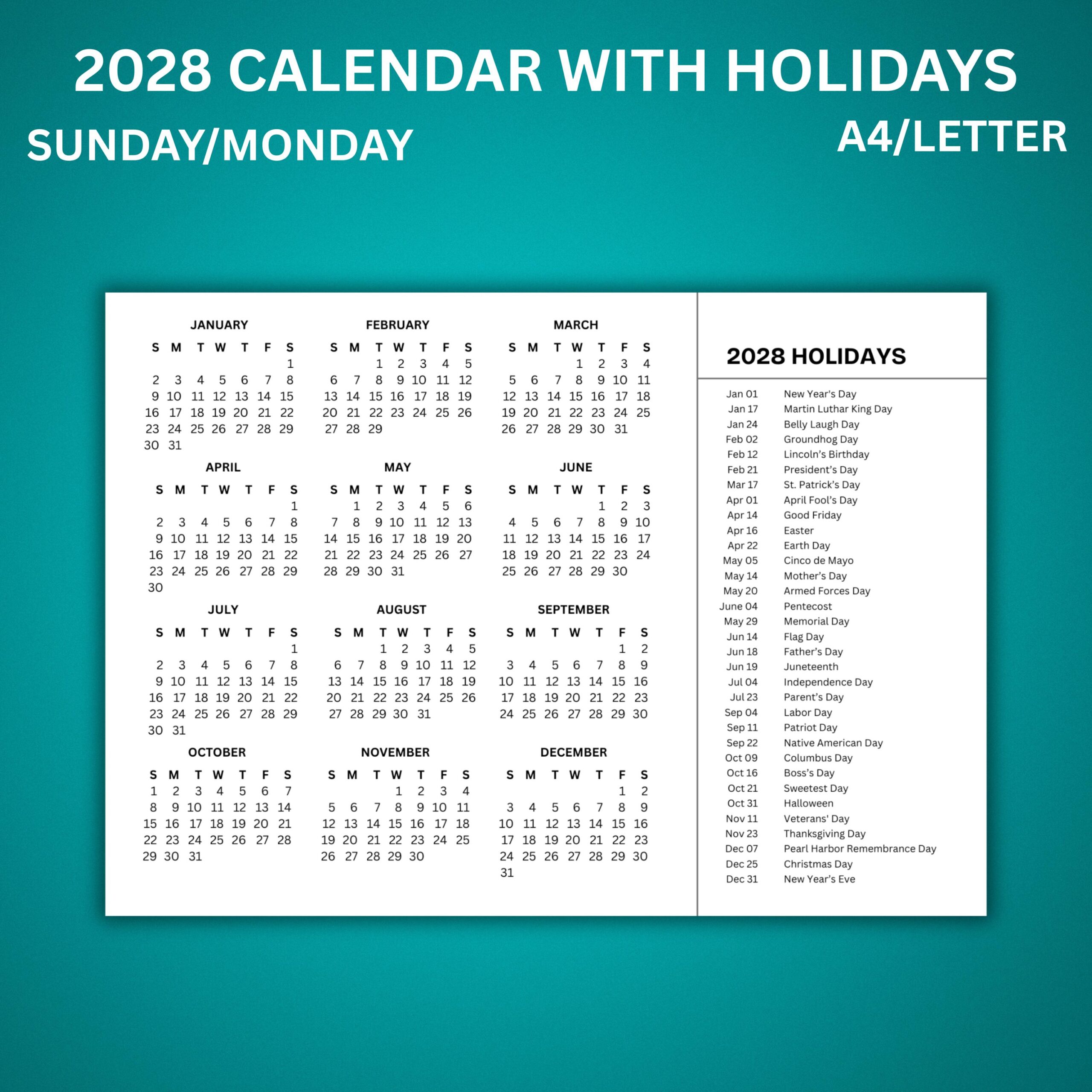2028 Calendar With Holidays Printable