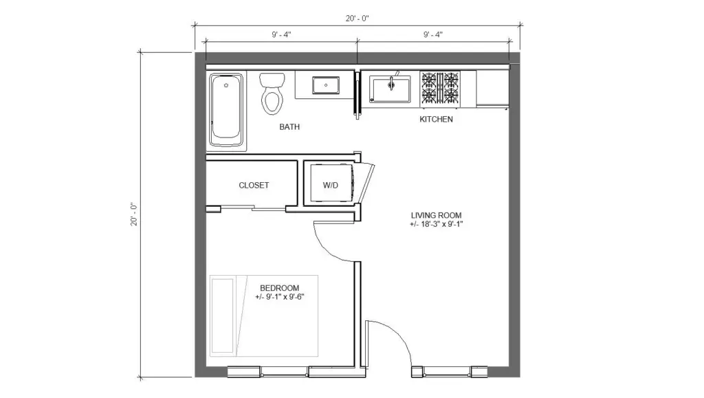 20x20 1 Bedroom Floor Plan