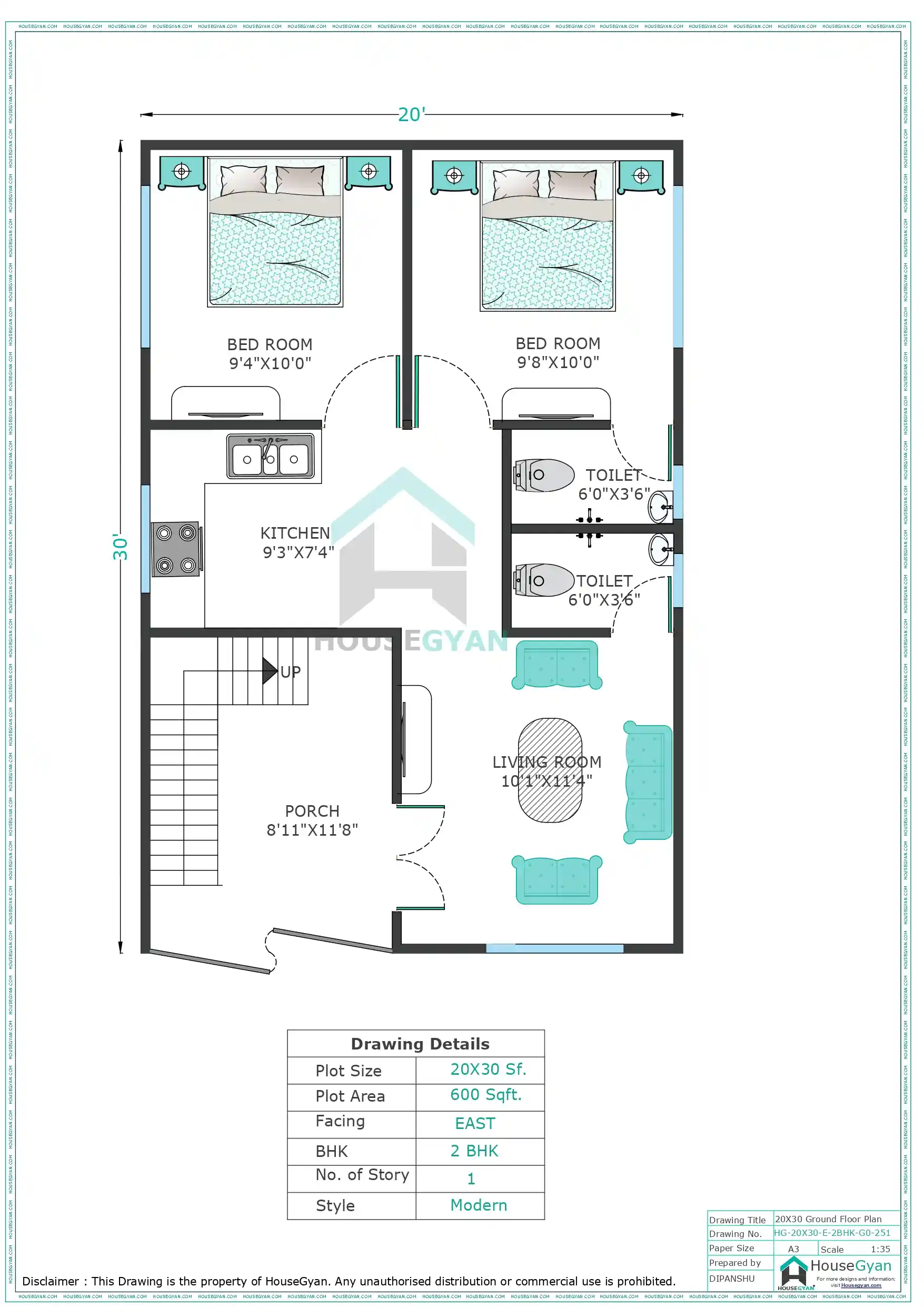 20x30 East Facing 2bhk Ground Floor House Plan 600 Sqft Plot Floor Plan 251