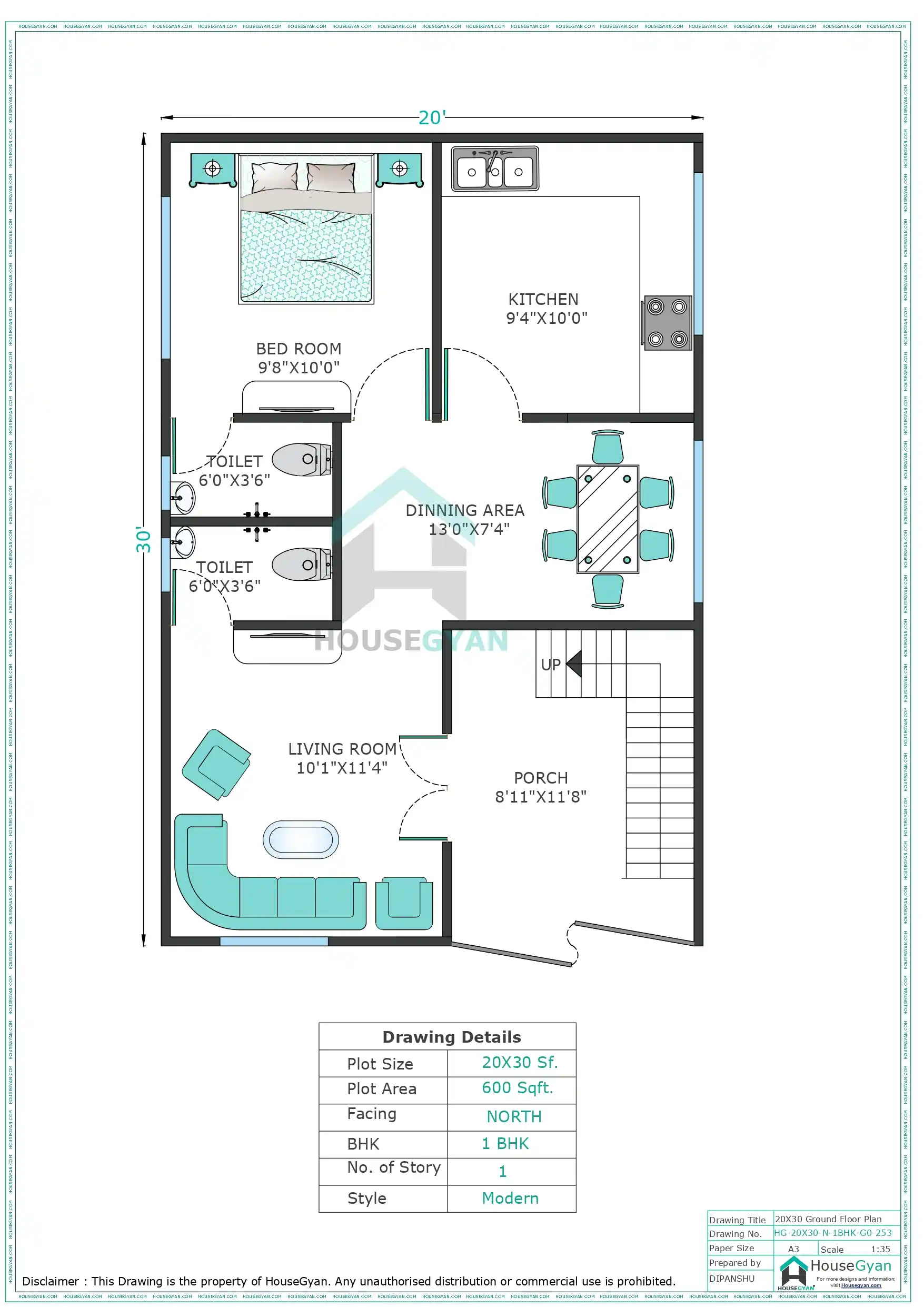 20x30 North Facing 1bhk Ground Floor House Plan 600 Sqft Plot Floor Plan 253