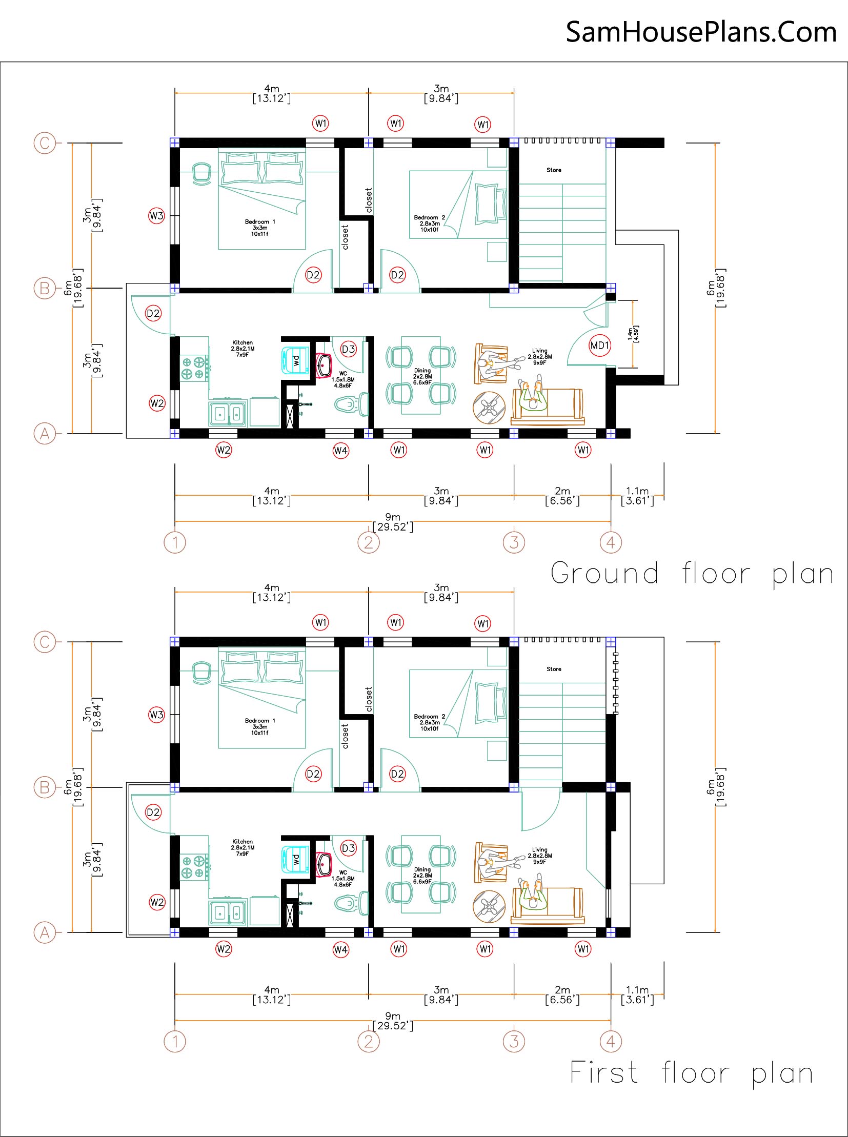 20x30 Small House Plan 6x9 M With 2 Bedrooms Each Floor