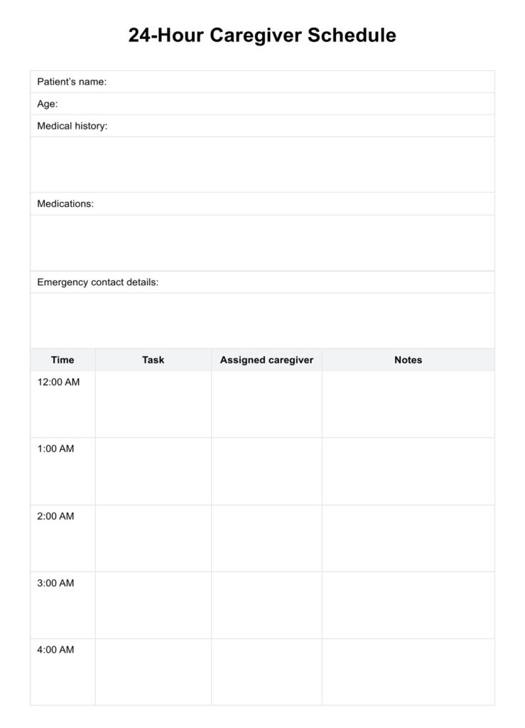 24 Hour Caregiver Schedule Template