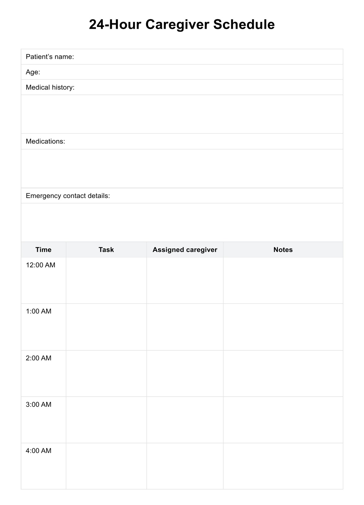 24 Hour Caregiver Schedule Template
