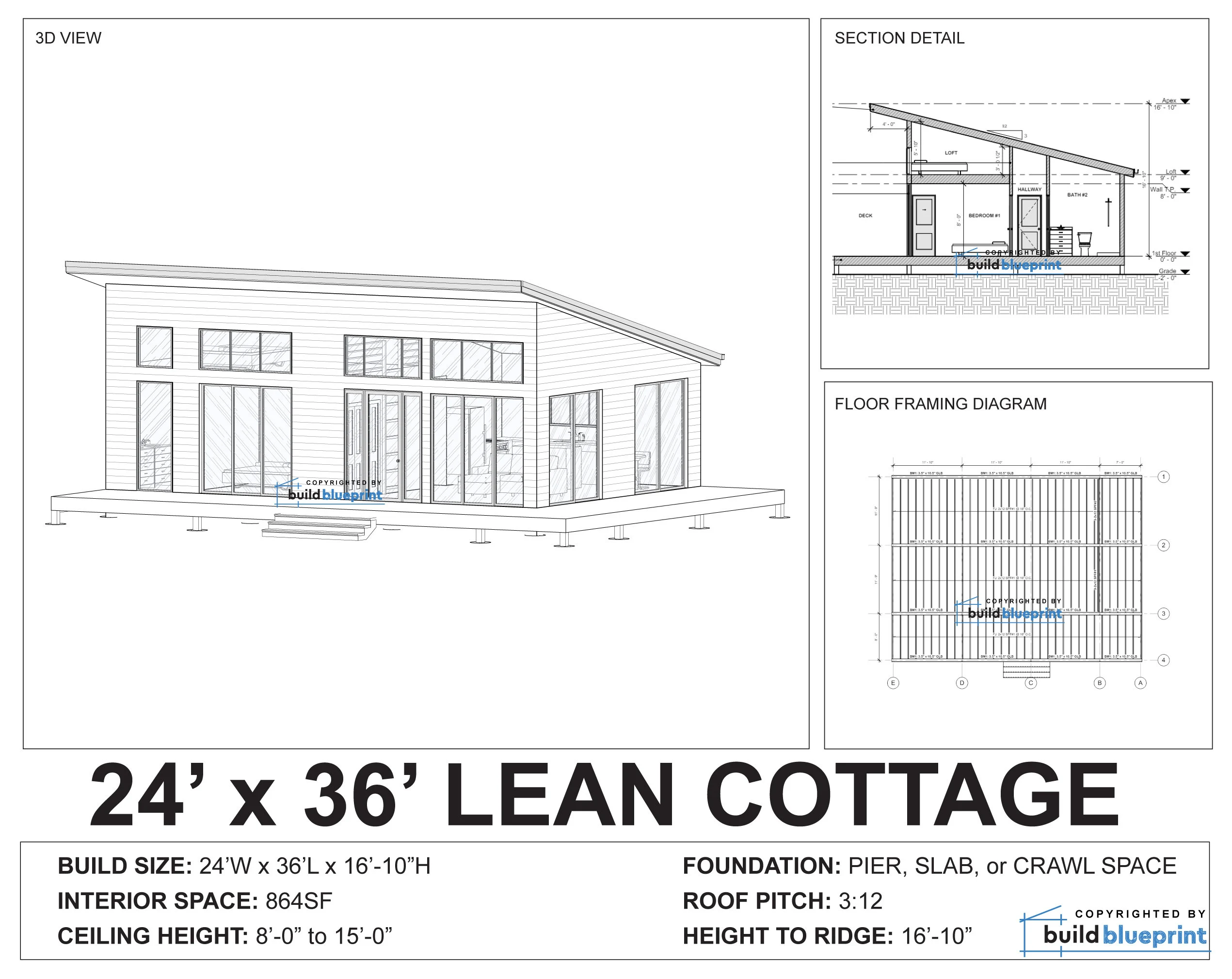 24 X 36 Lean Cabin Architectural Plans
