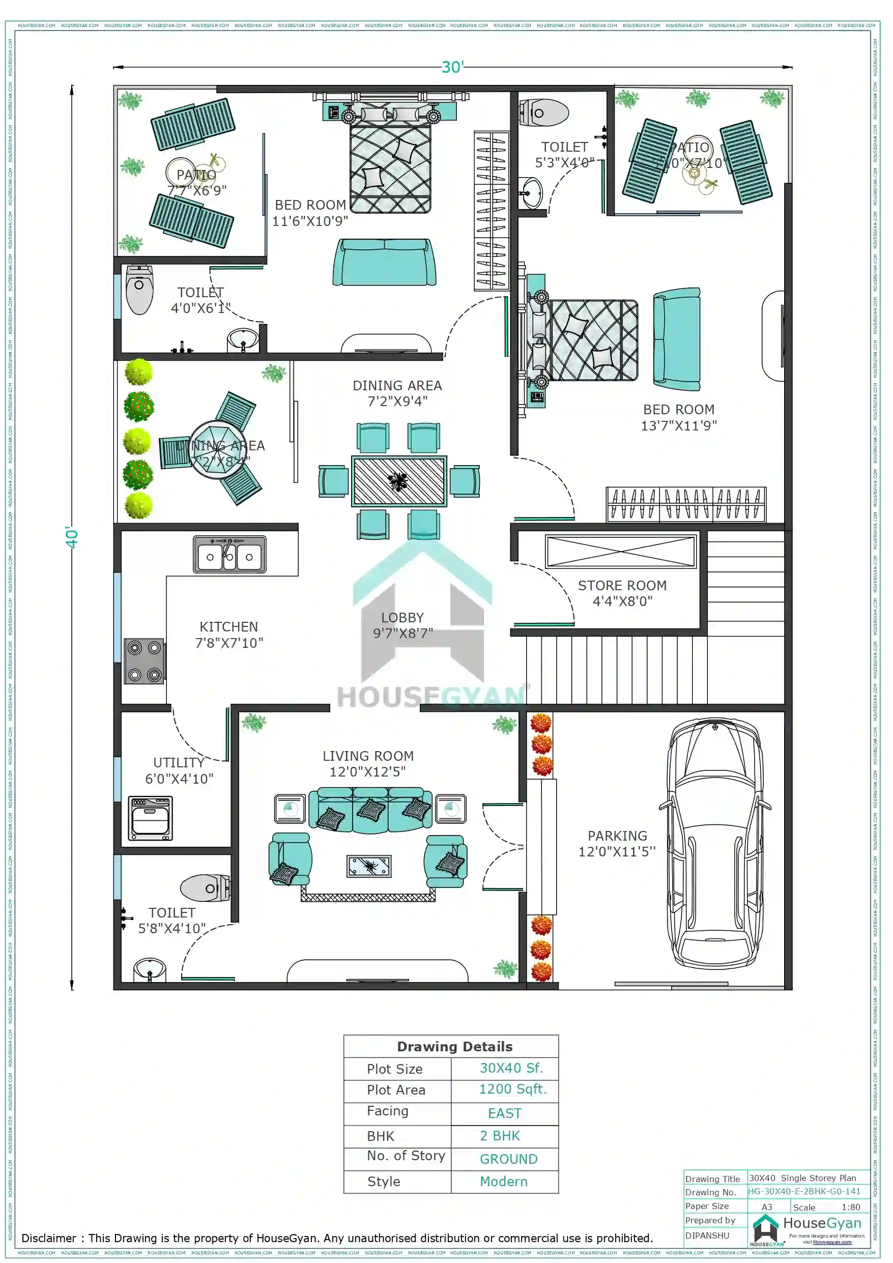 30x40 East Facing 2bhk Ground Floor House Plan 1200 Sqft Plot Floor Plan 141