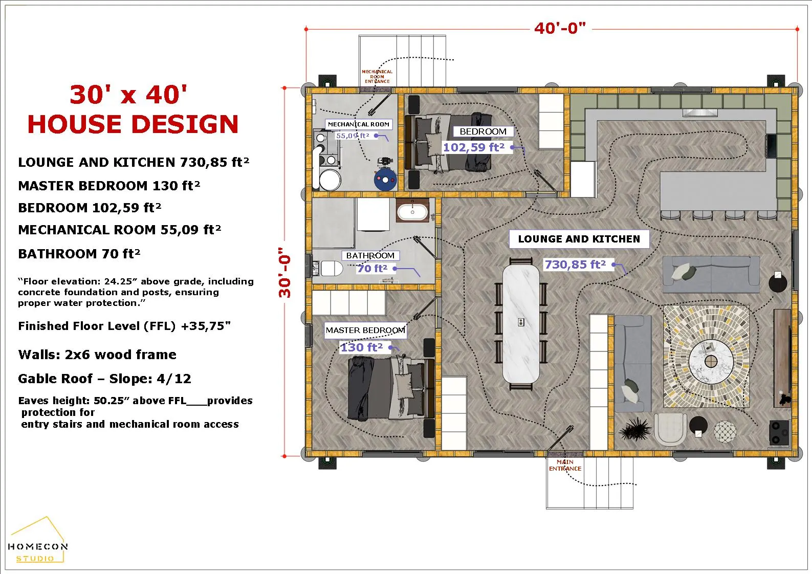 30x40 Modern Tiny Cottage Plan 2 Bedroom