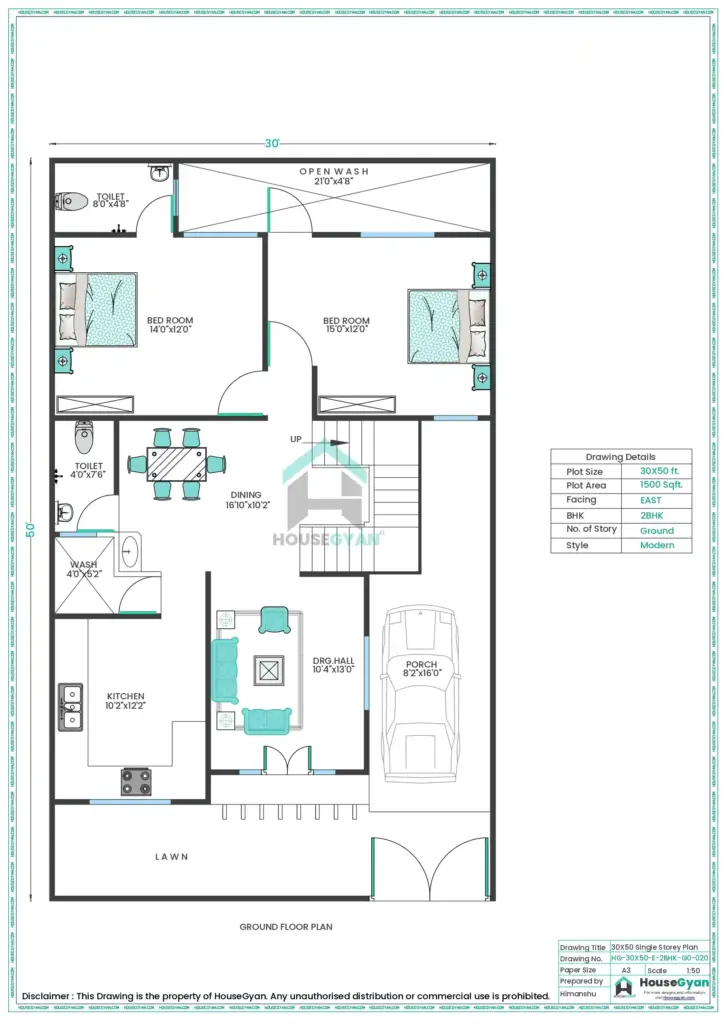 30x50 East Facing 2bhk Ground Floor House Plan 1500 Sqft Plot Floor Plan 20