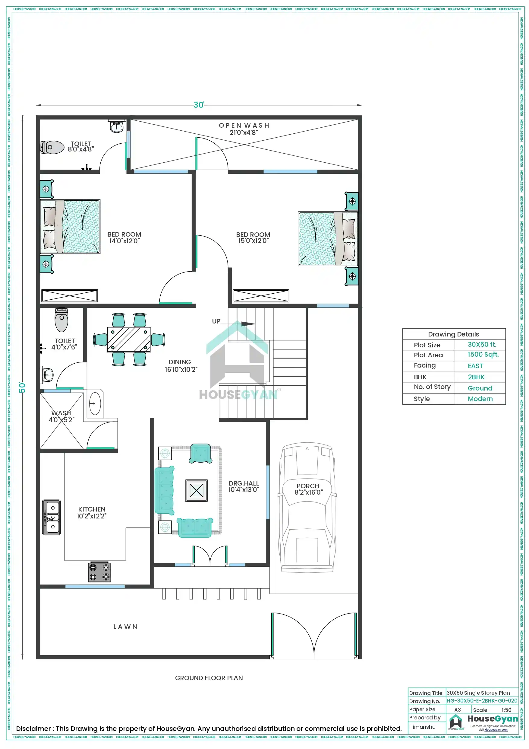 30x50 East Facing 2bhk Ground Floor House Plan 1500 Sqft Plot Floor Plan 20