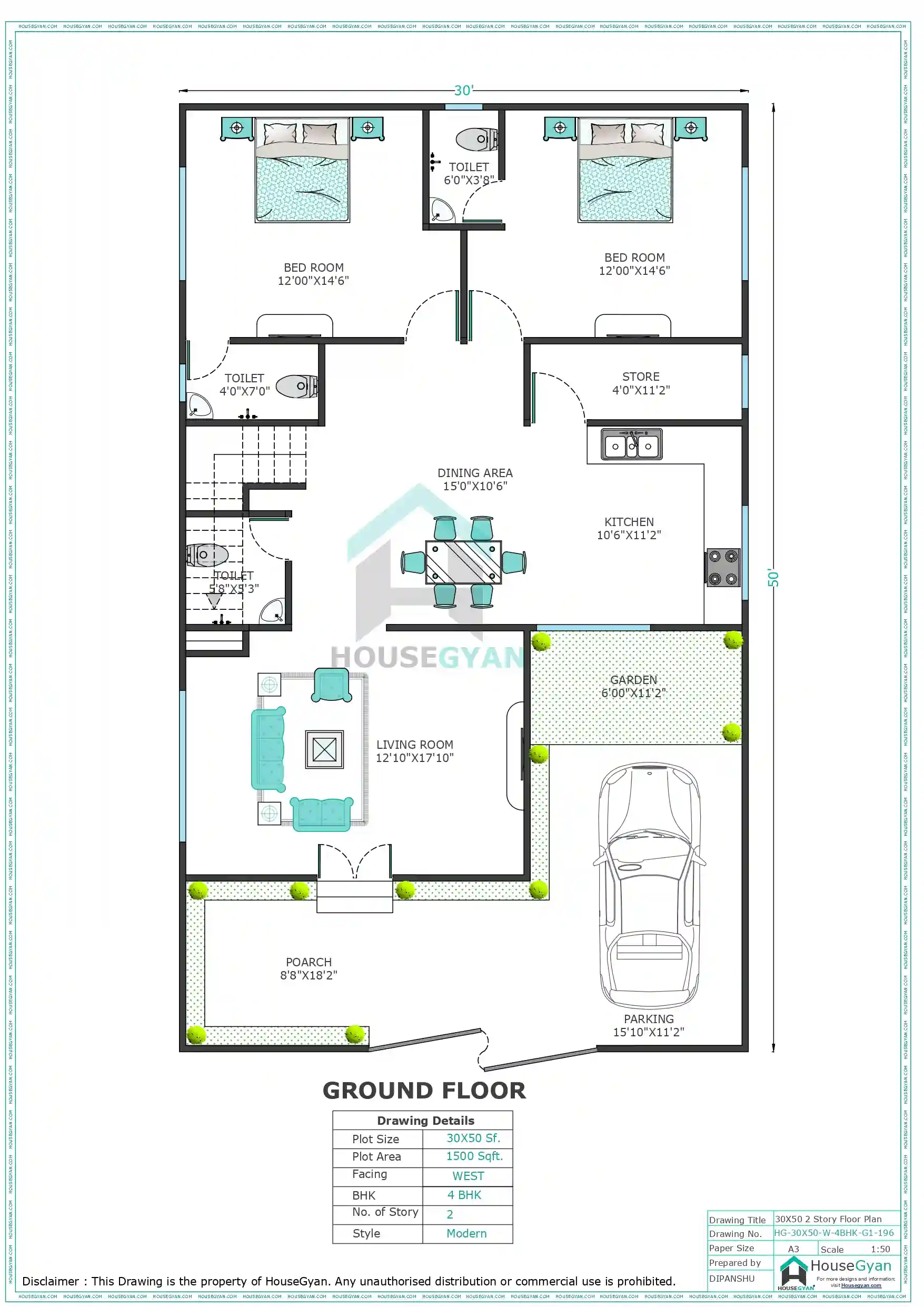 30x50 West Facing 4bhk First Floor House Plan 1500 Sqft Plot Floor Plan 196