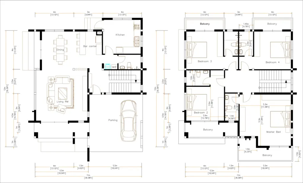 36x40 Modern House Plan 11x12 Meter 4 Beds 4 Baths