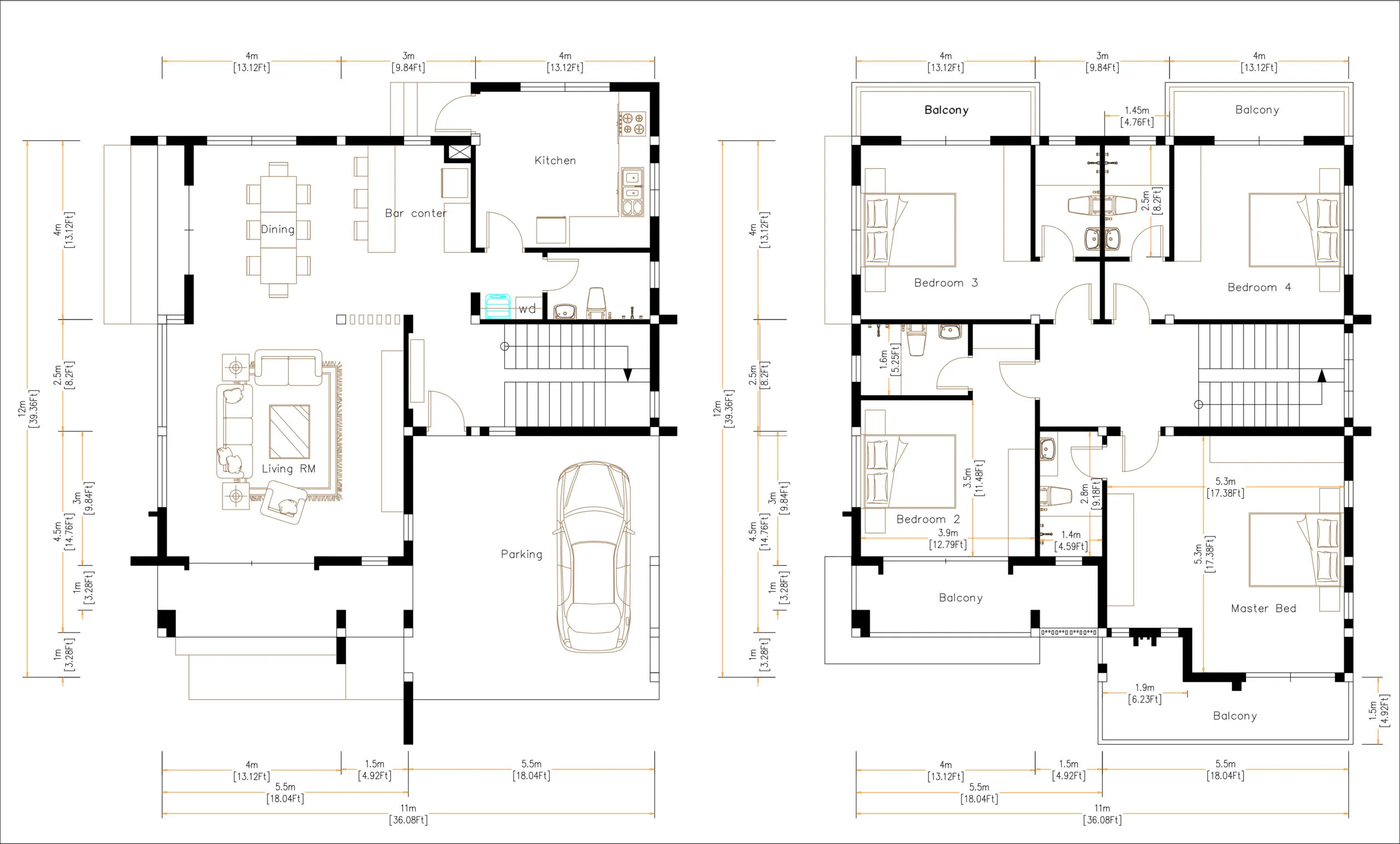 36x40 Modern House Plan 11x12 Meter 4 Beds 4 Baths