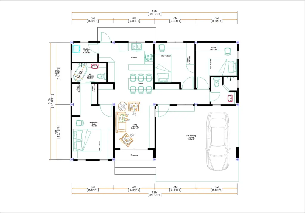 40x28 Small House 3 Beds 2 Baths 12x8 5 Meter Hip Roof