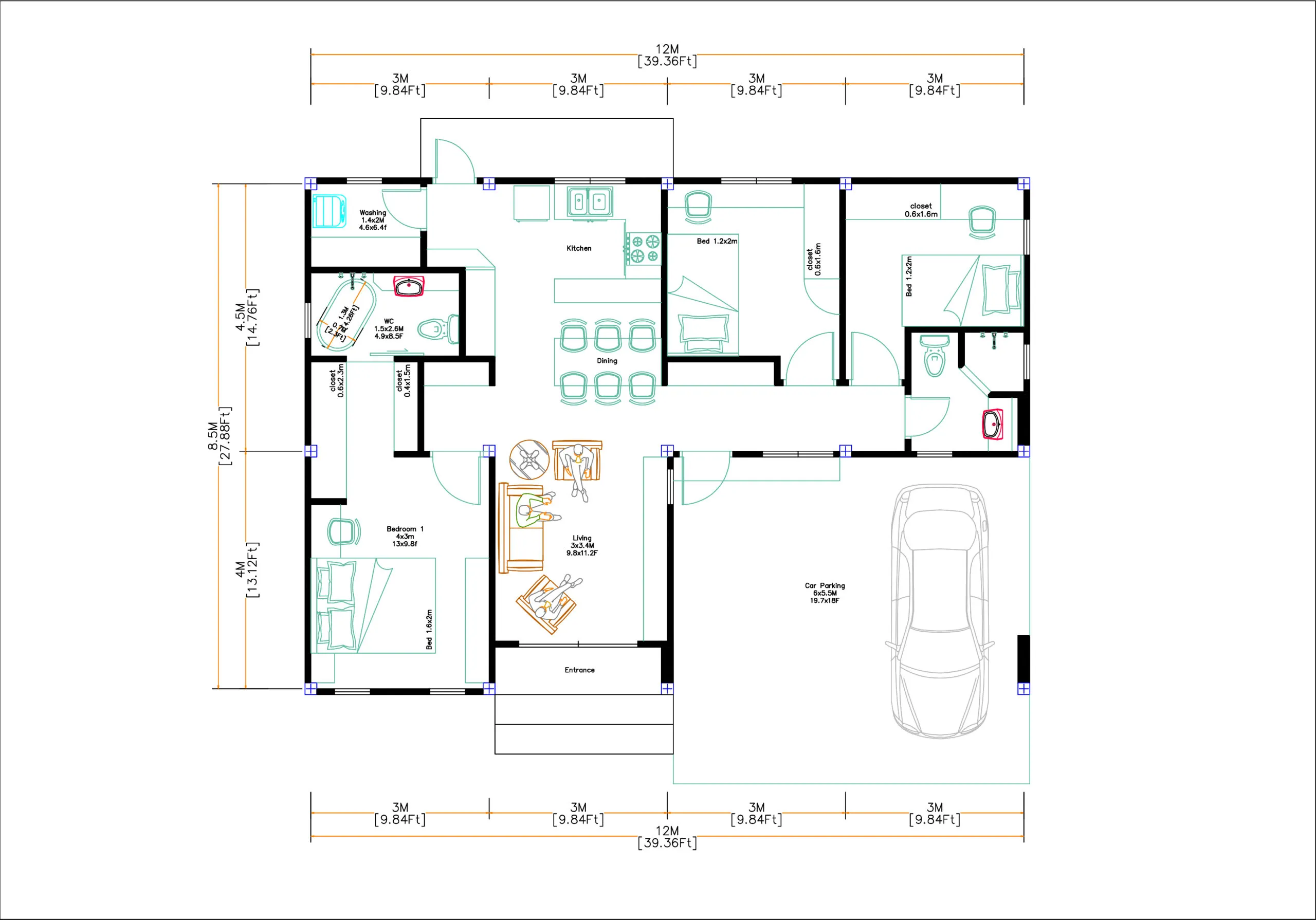 40x28 Small House 3 Beds 2 Baths 12x8 5 Meter Hip Roof