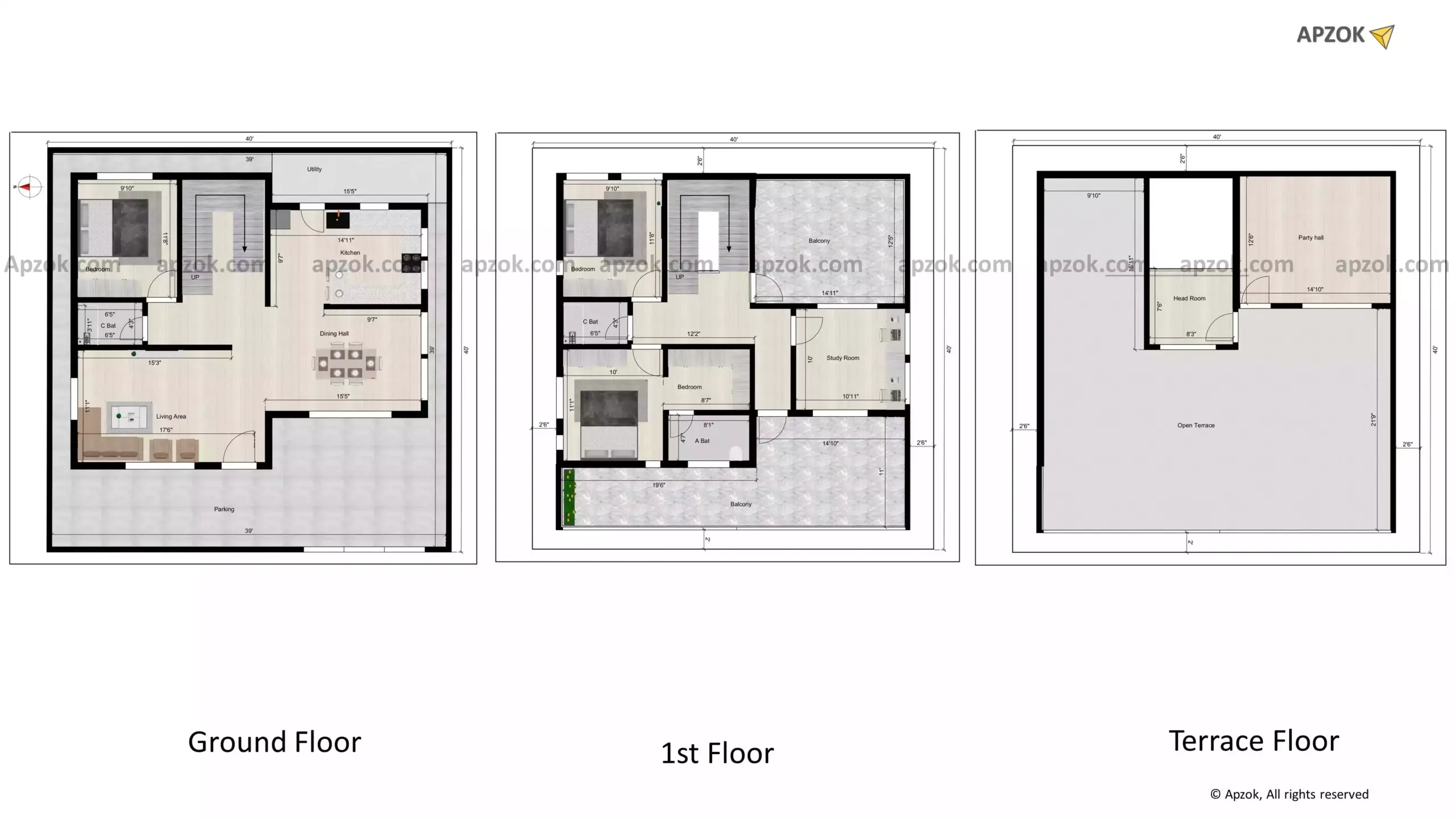 40x40 Ft West Facing House Plan Of The Residential Building Rr0006