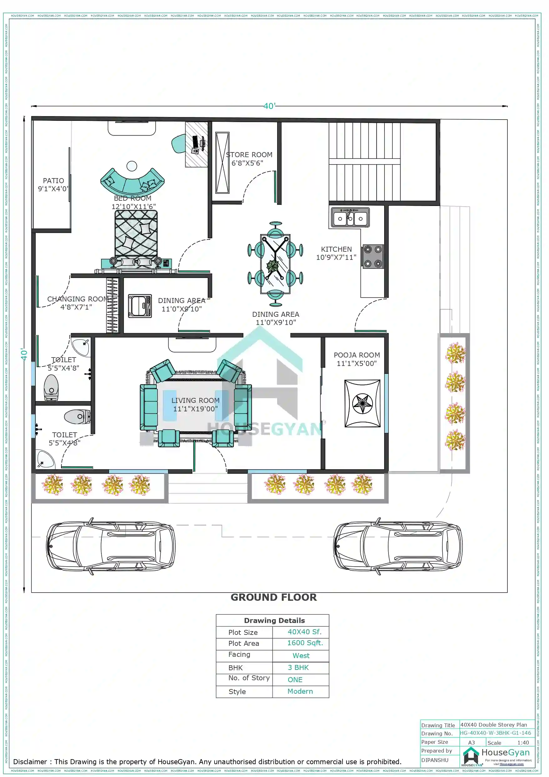 40x40 West Facing 3bhk First Floor House Plan 1600 Sqft Plot Floor Plan 146
