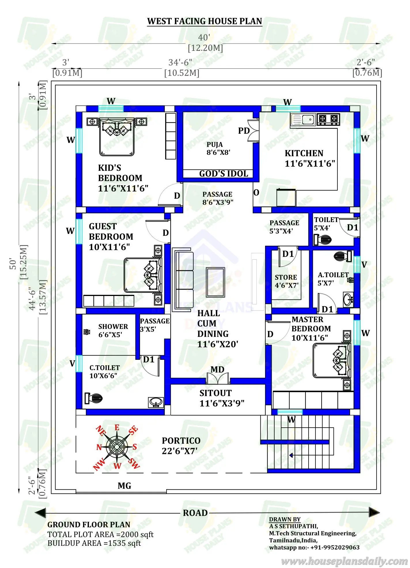 40x50 House Plan 3 Bedroom Home West Facing House