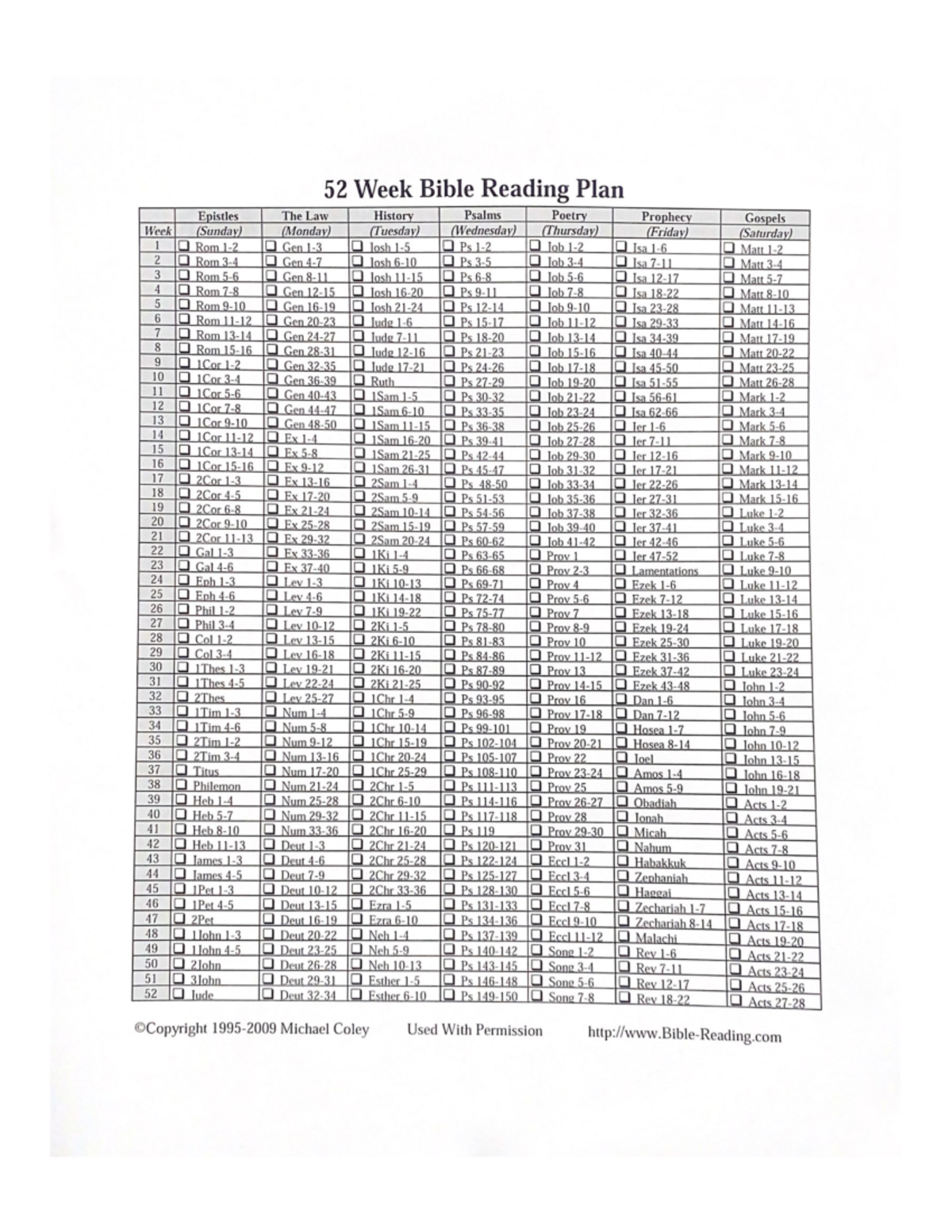 52 Week Bible Reading Plan 52 Week Bible Reading Plan