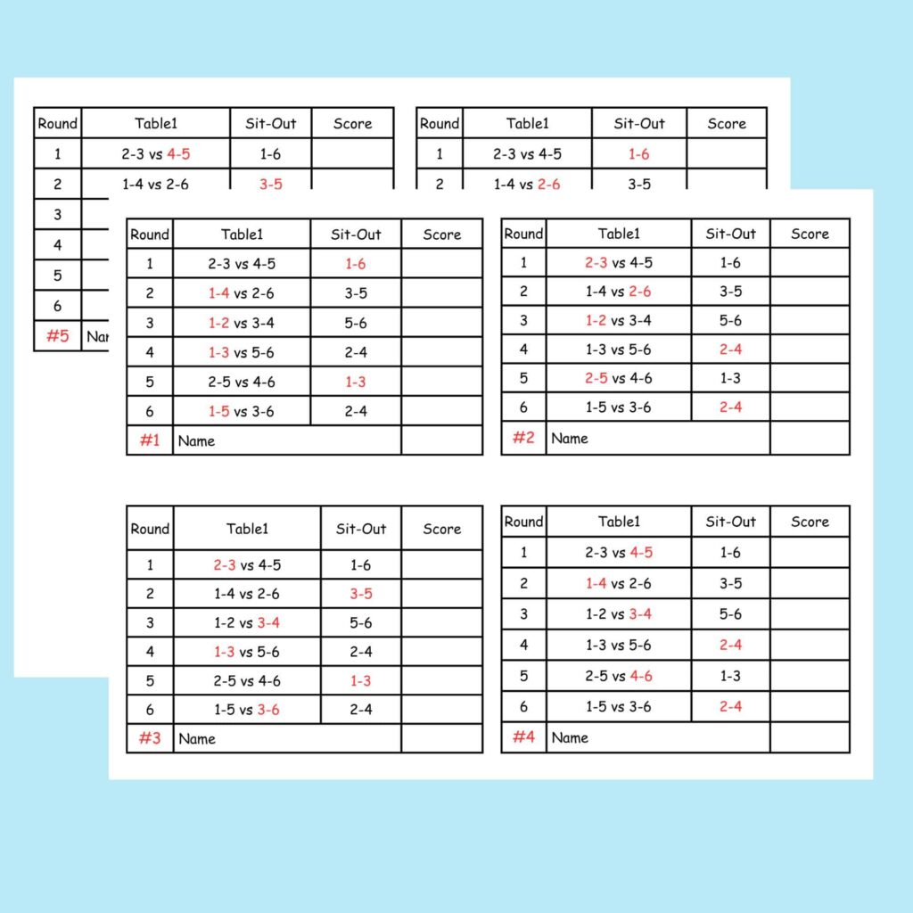 6 Person Euchre Tournament Rotation Score Sheet