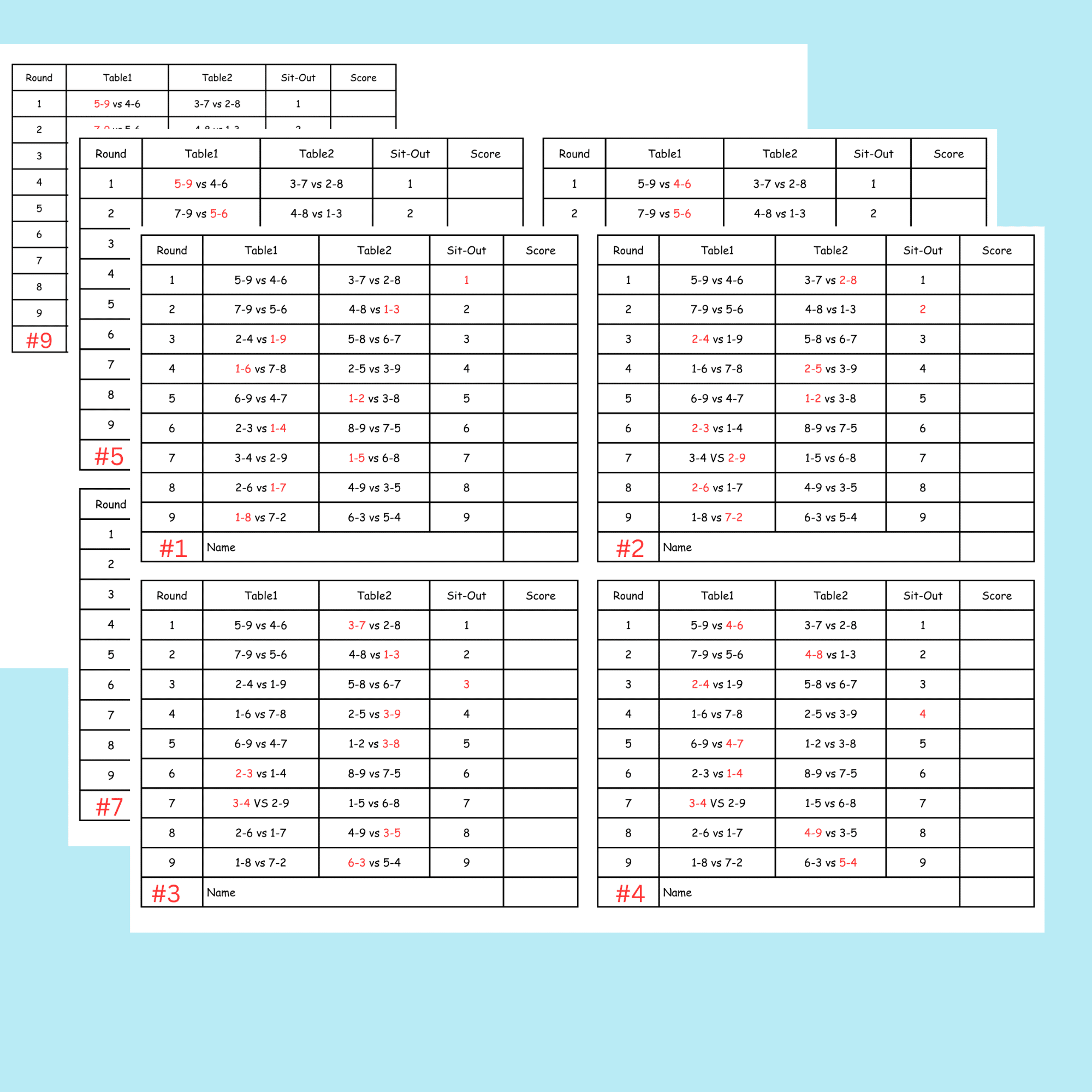 7 Person Euchre Tournament Rotation Tally Cards