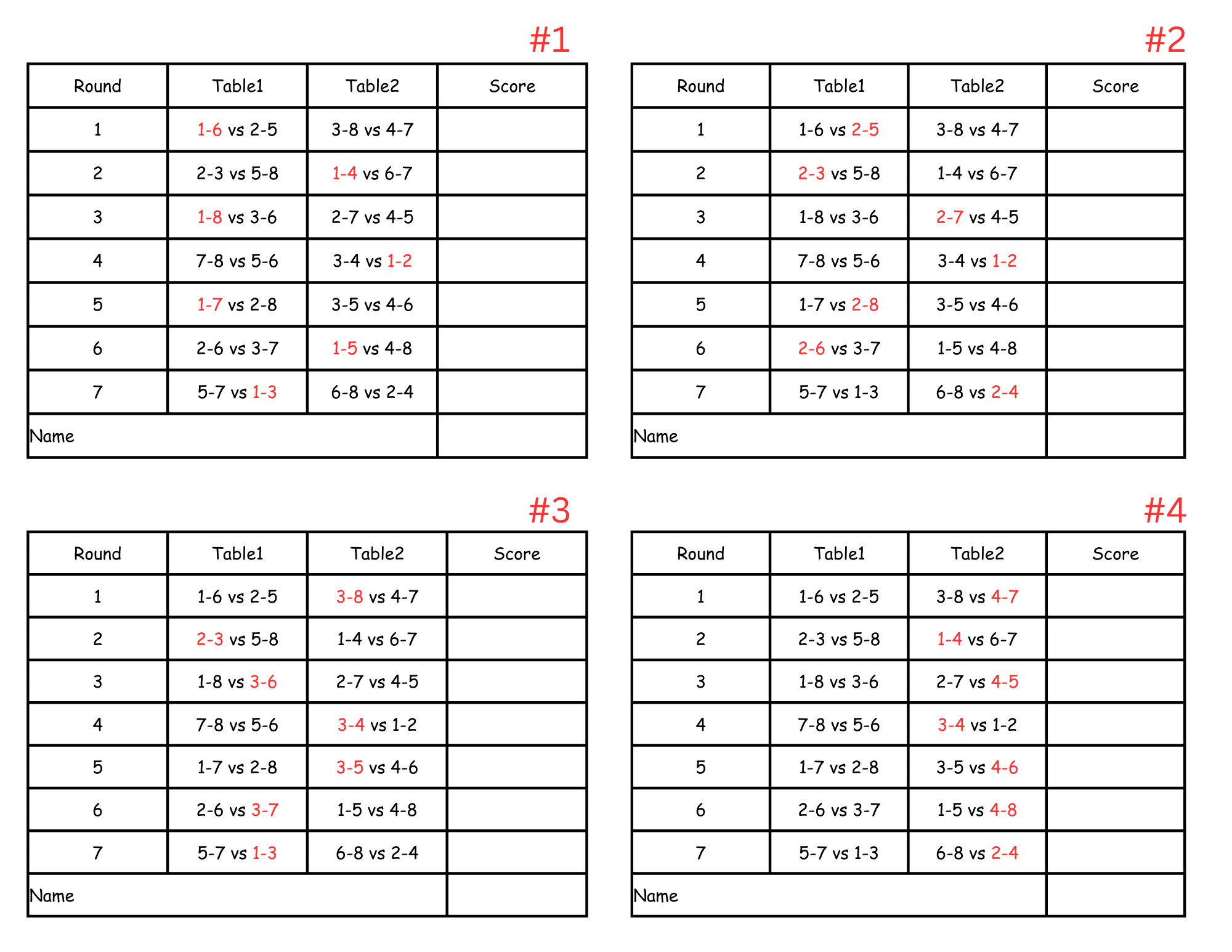 8 Person Euchre Tournament Rotation Score Card