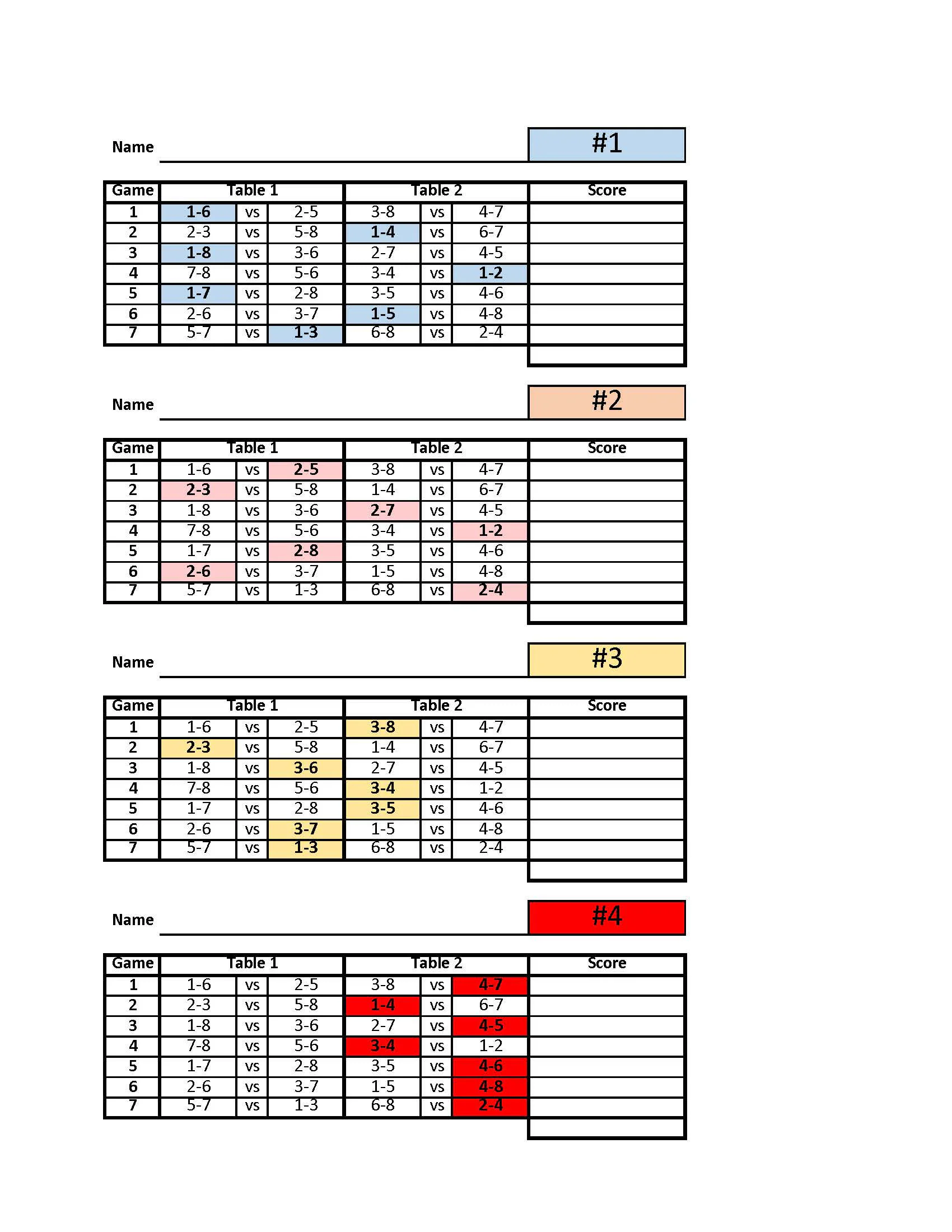 8 Player Euchre Tournament Score Sheet