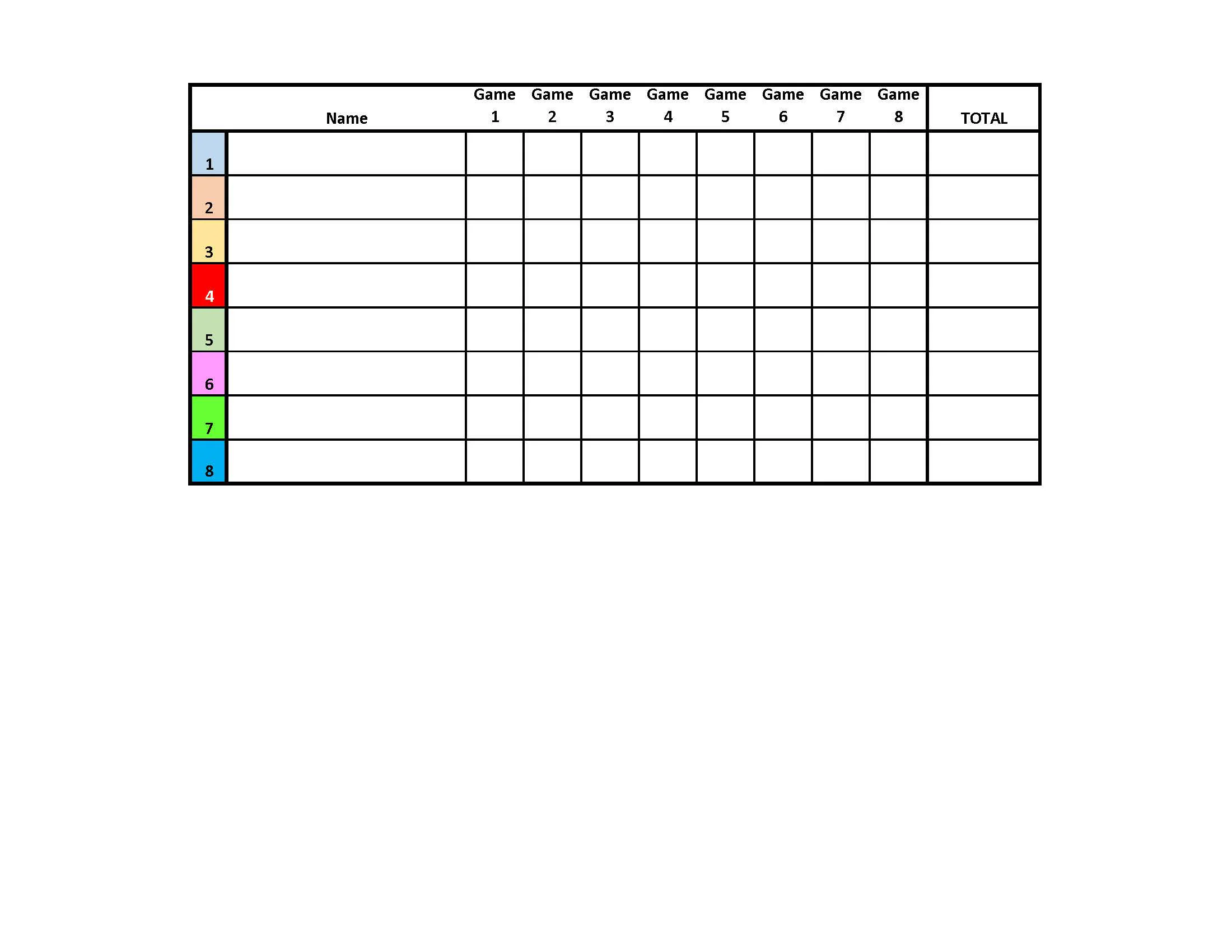 8 Player Euchre Tournament Score Sheet