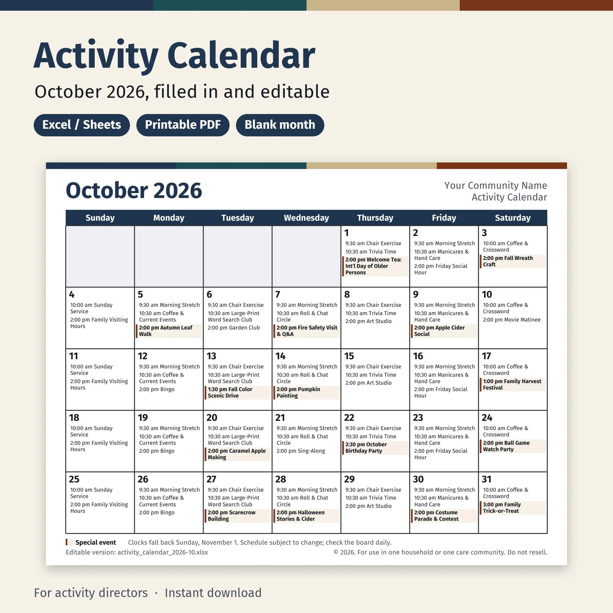 Activity Calendar Template Senior Living