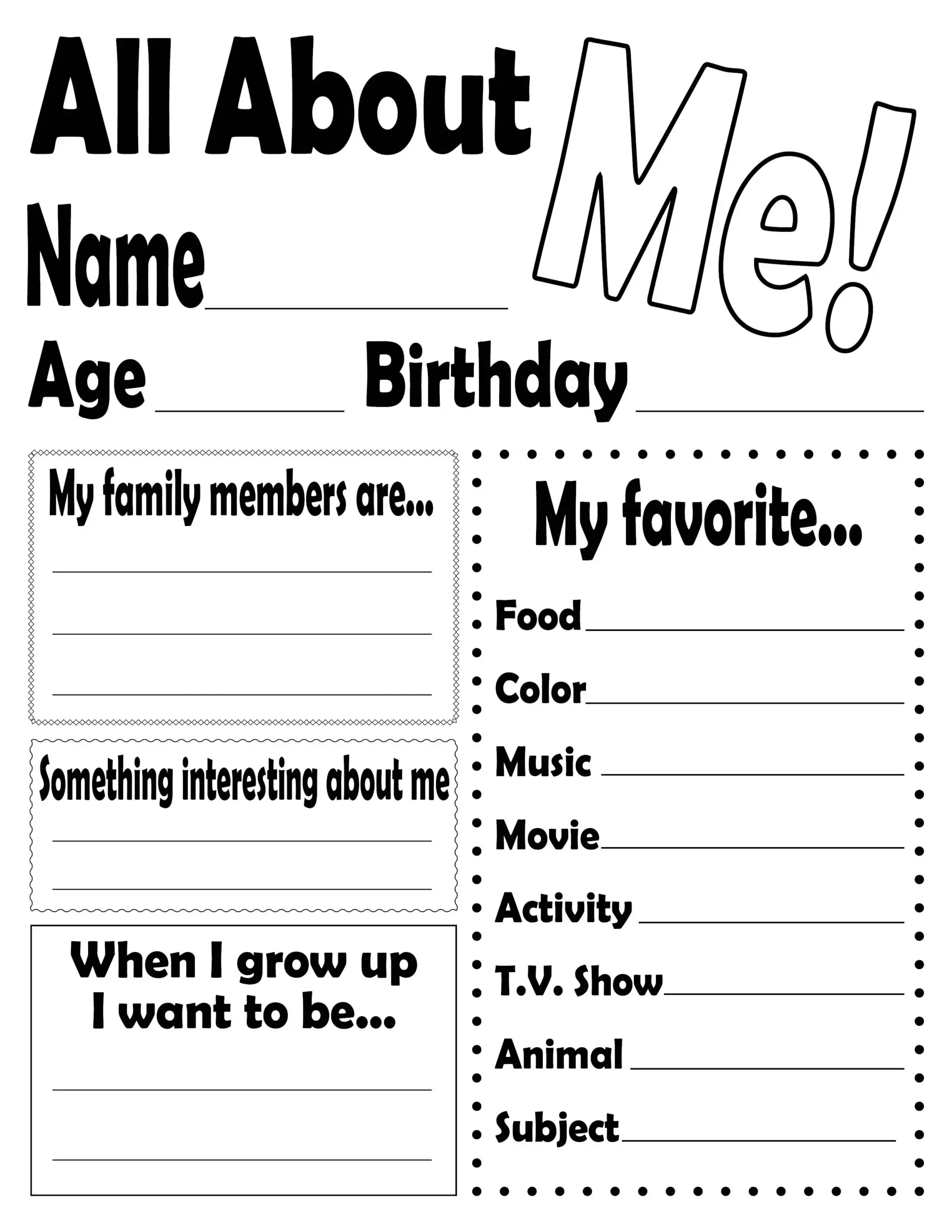 All About Me Free Printable Worksheet A7363