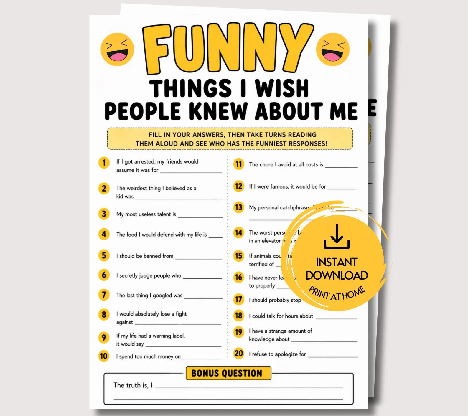 All About Me Printable Adult