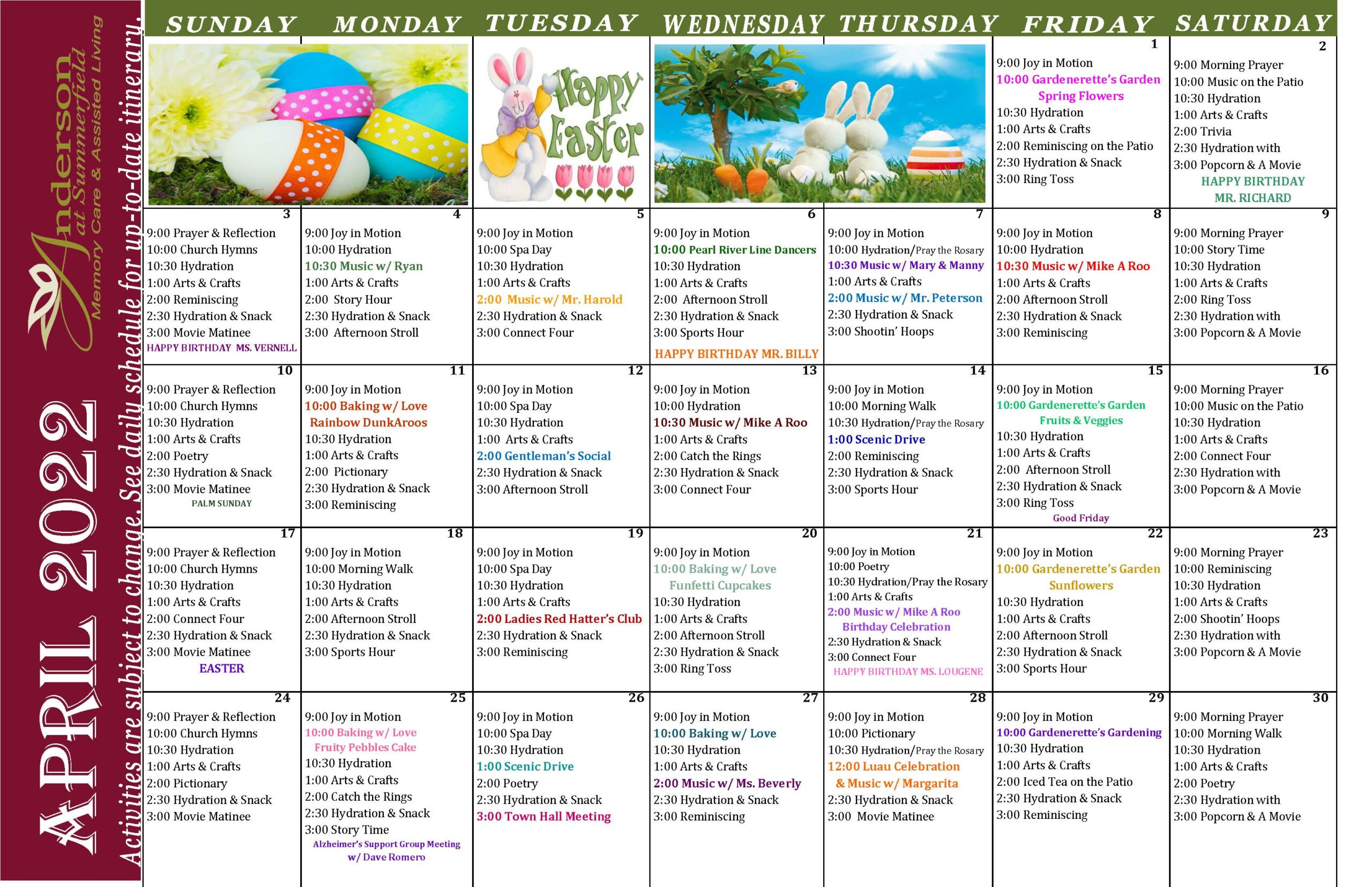 Anderson Memory Care Calendar Of Activities April 2022