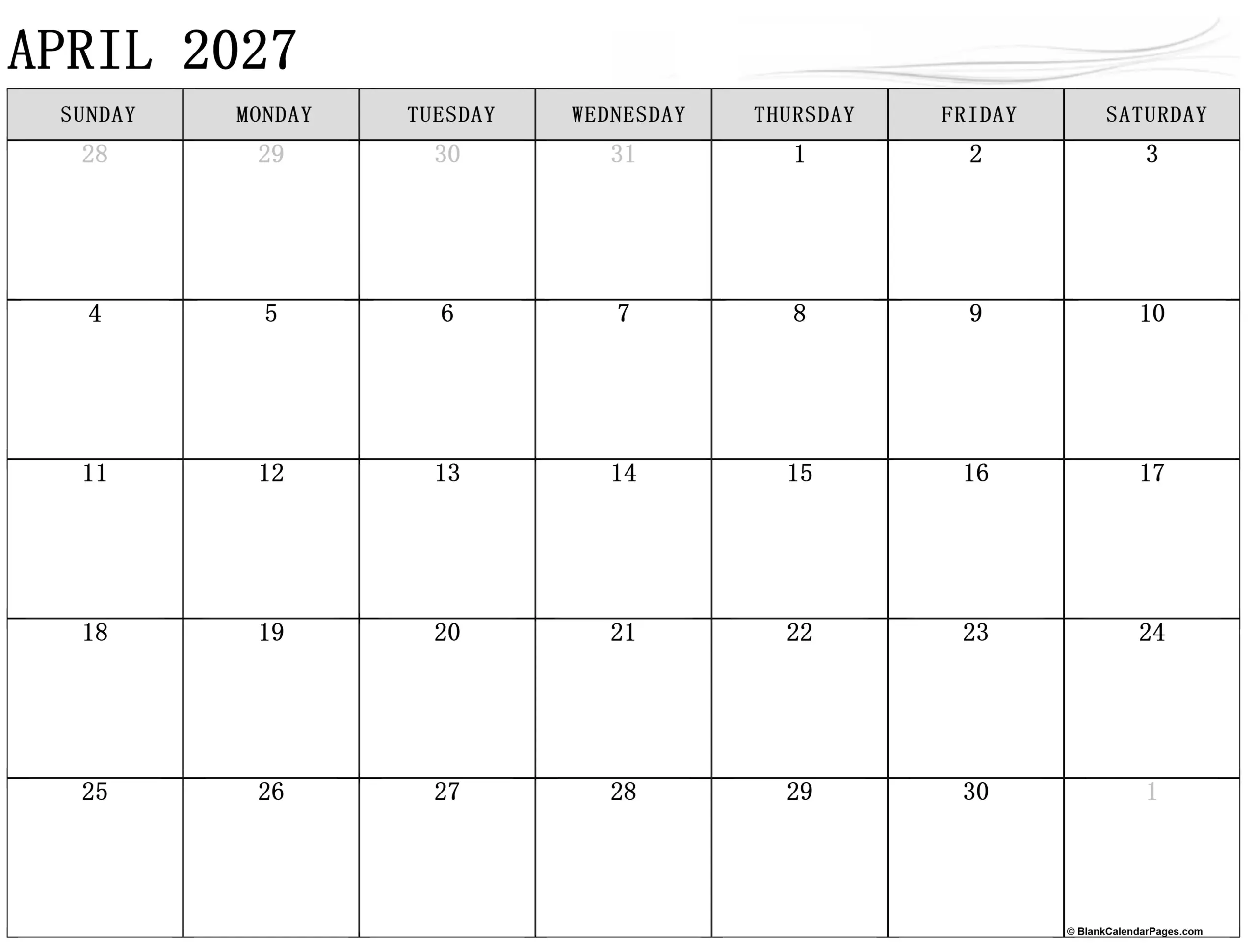 April 2027 Calendar