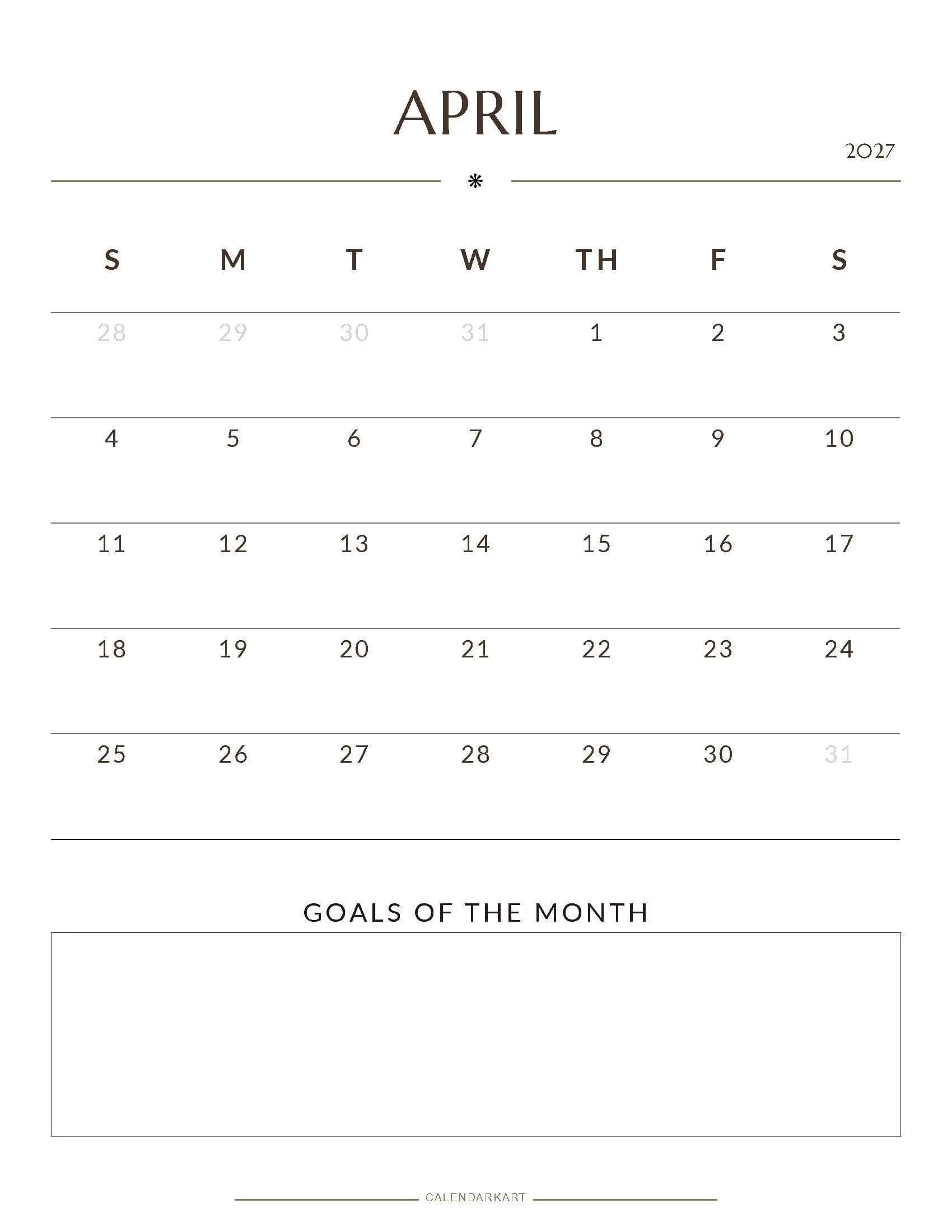 April 2027 Calendars