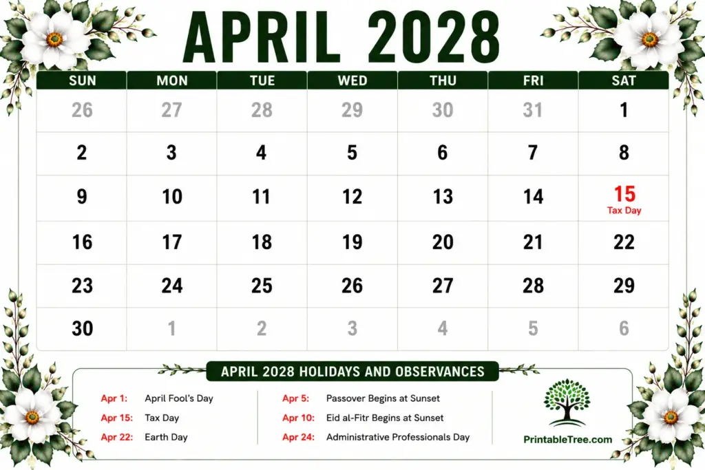 April 2028 Calendar Printable