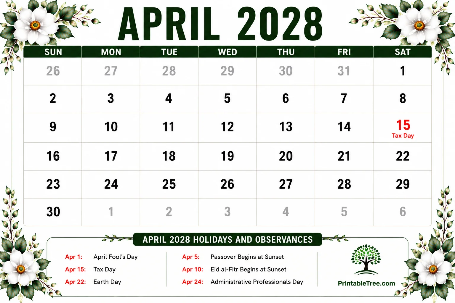 April 2028 Calendar Printable