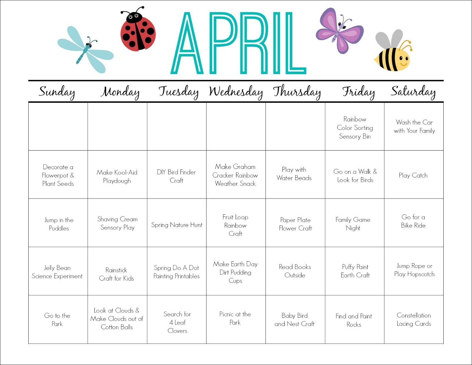 April Printable Activity Calendar For