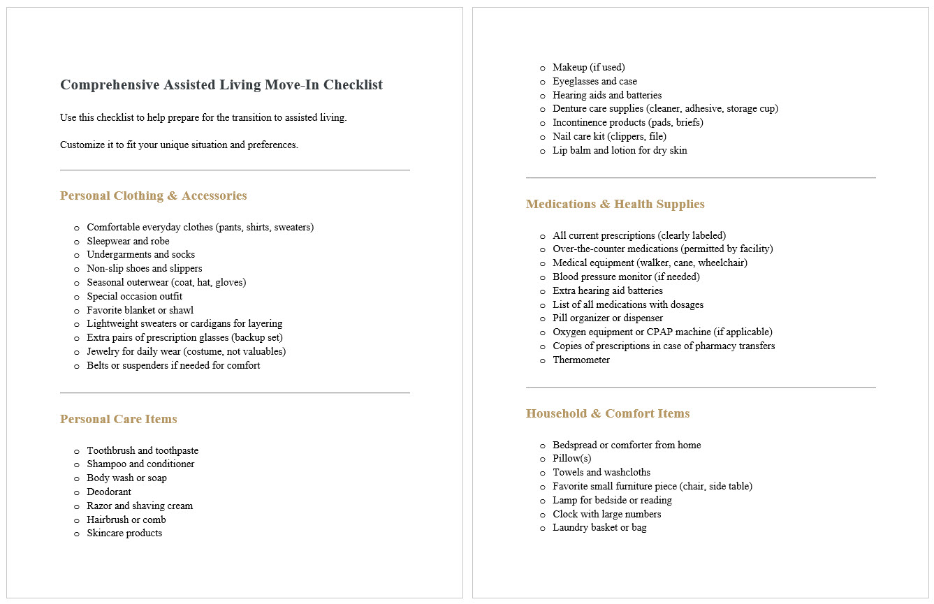 Assisted Living Move In Checklist Free Pdf Download And Print