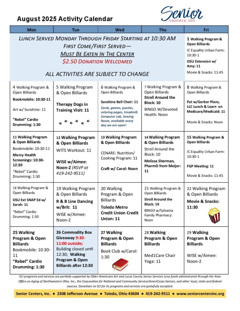 August 2025 Activity Calendar Senior Centers Inc