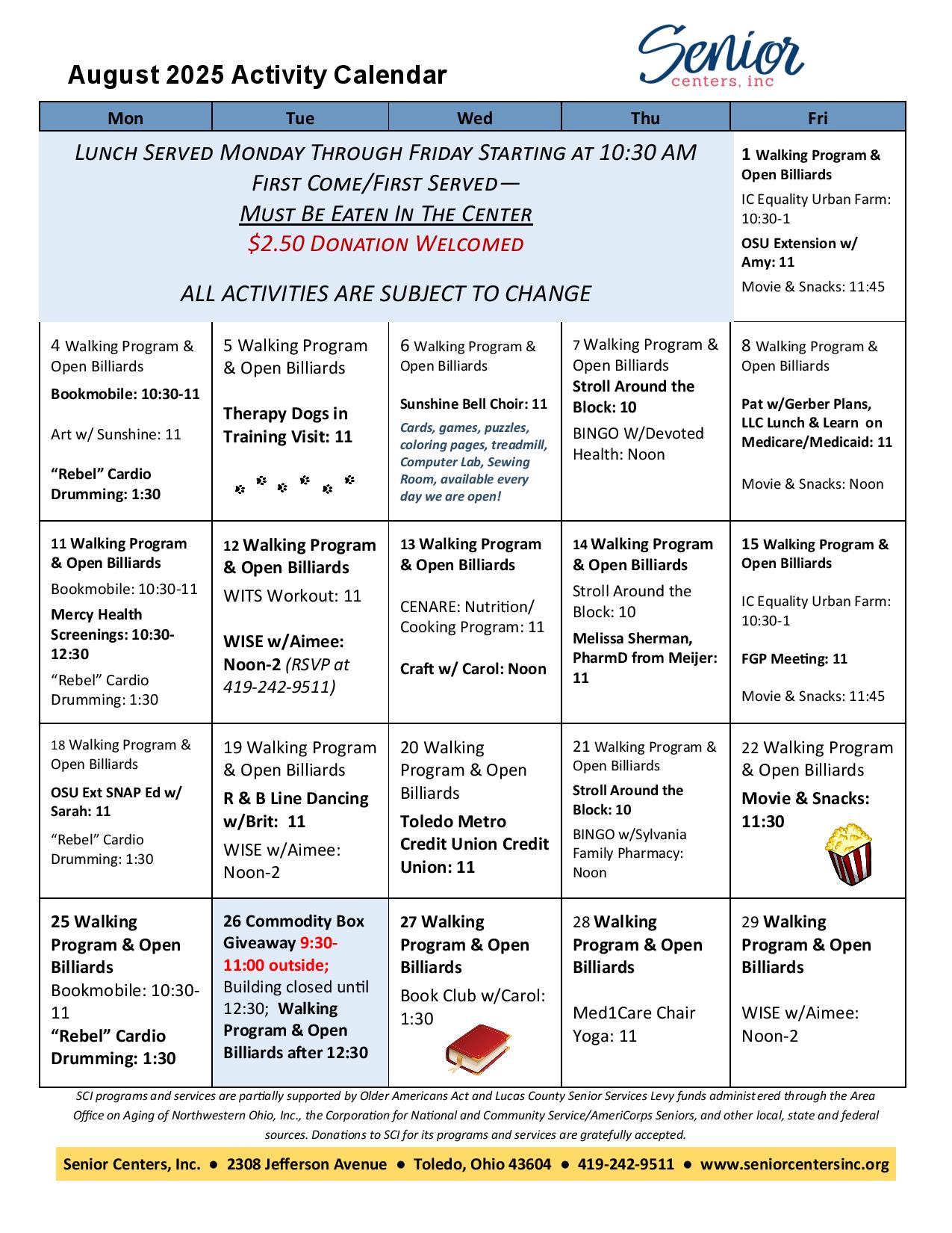 August 2025 Activity Calendar Senior Centers Inc