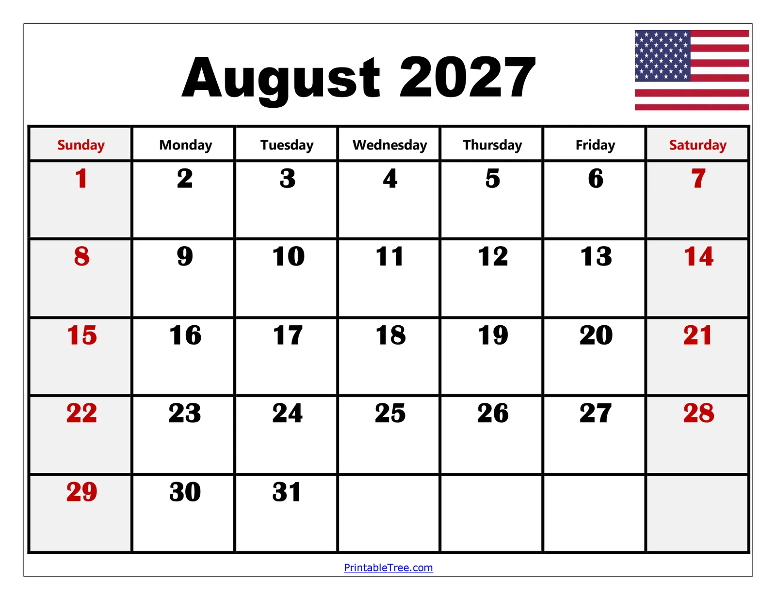 August 2027 Calendar Printable
