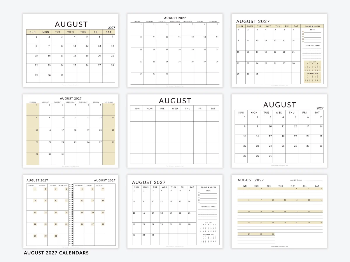 August 2027 Calendar Templates Free Printable Pdfs August 2027 Calendar Templates Free Printable Pdfs