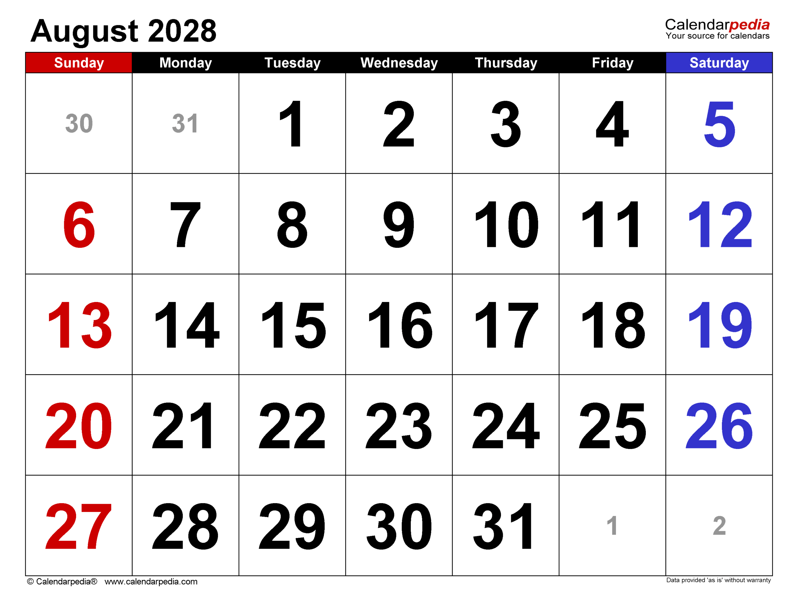 August 2028 Calendar Pdf Templates
