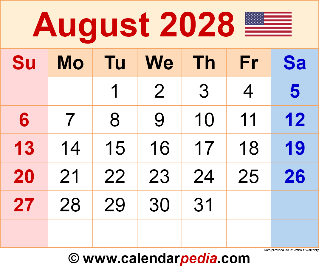 August 2028 Calendar Pdf Templates