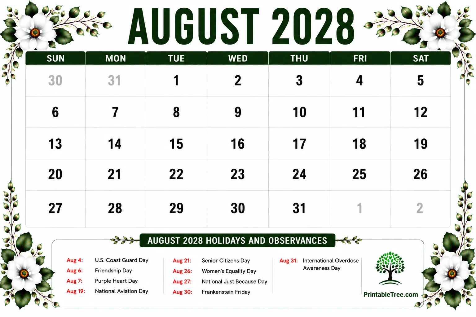 August 2028 Calendar Printable
