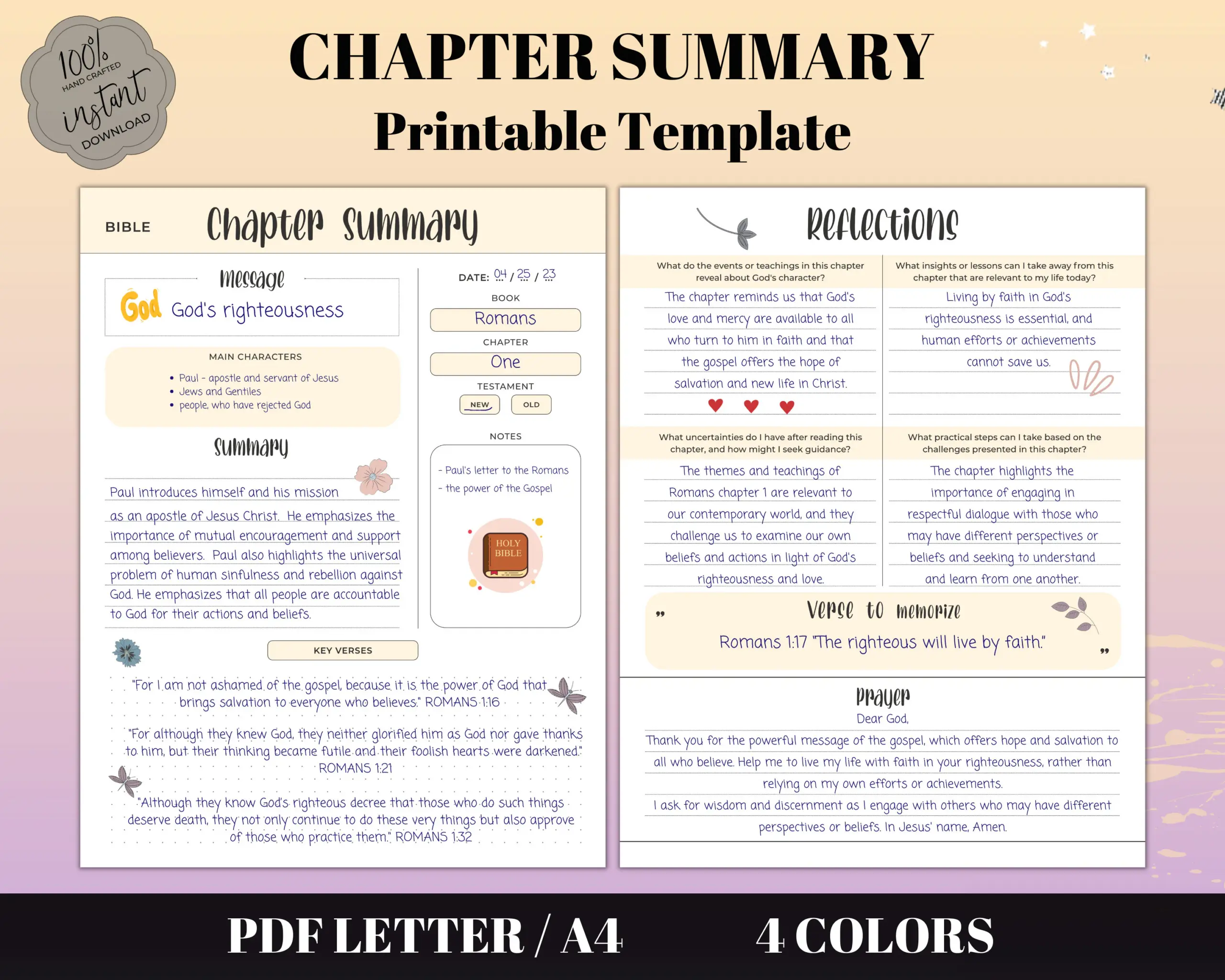 Bible Chapter Summary Printable Template